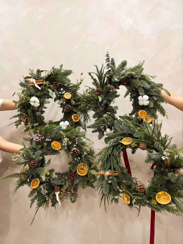 Christmas Wreath Workshop in Singapore. Create your own festive wreath using a variety of fresh firs, foliage and natural textures. Held at our cosy floral studio in Tai Seng, it's the perfect hands-on holiday experience to get into the Christmas spirit.