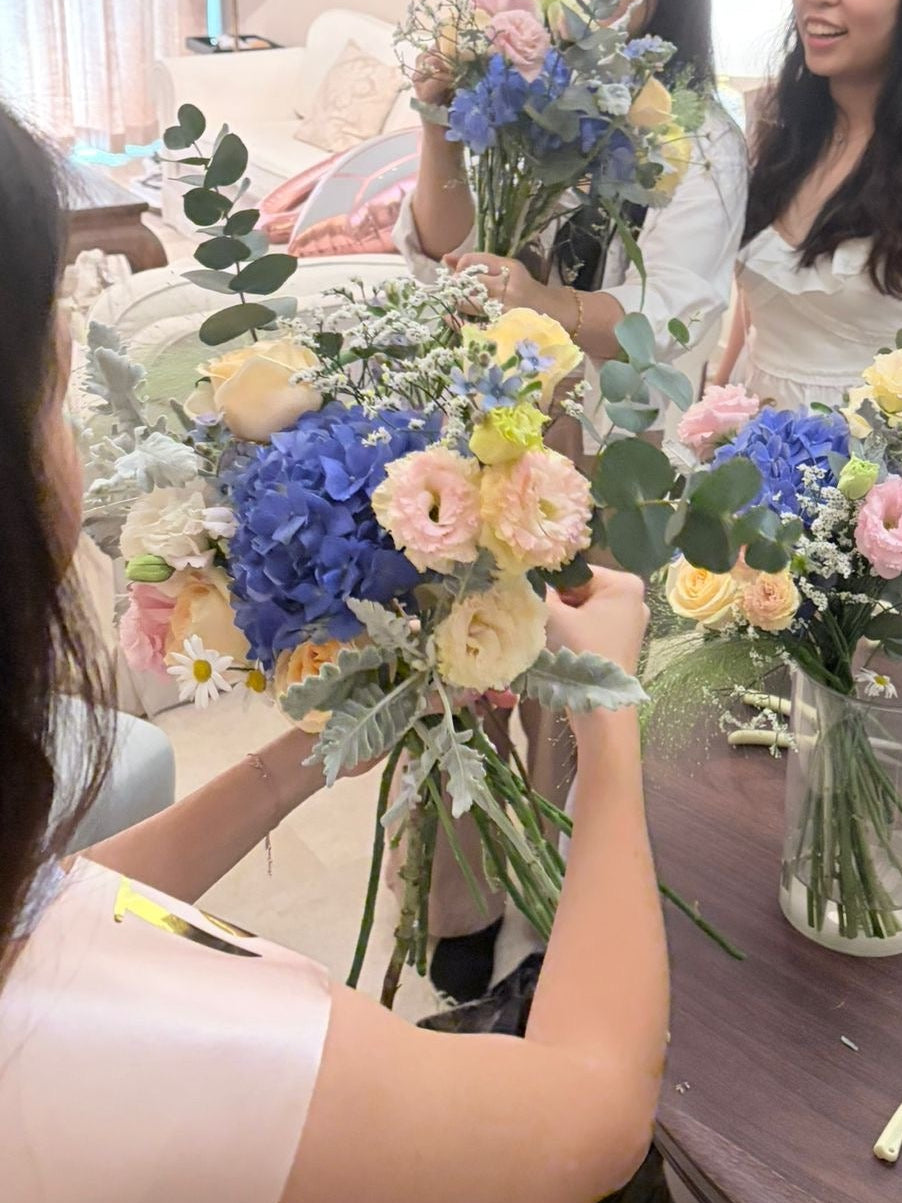 Bachelorette or Birthday Party Flower Arrangement Workshop such as bouquet making or vase arrangement, in Singapore, by Eden's Ground. 