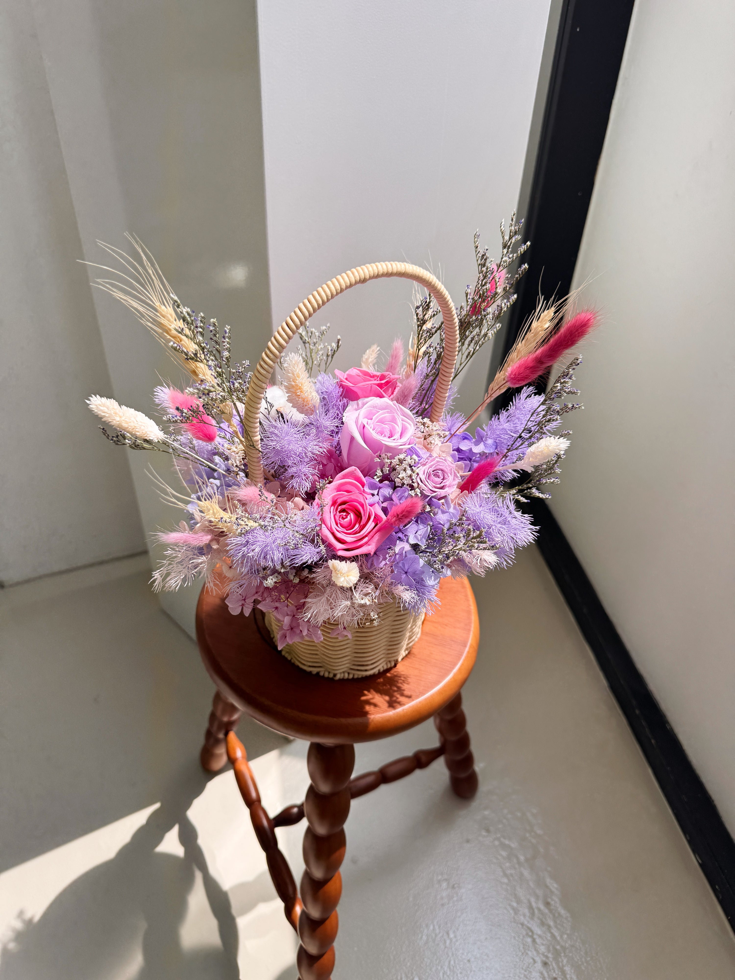 B2B Gifting, Basket Arrangement with Everlasting Preserved Flowers for luxury brand like Chanel and Dior in Singapore for mother's day, festive gifting in Singapore, by Eden's Ground, a floral design studio.
