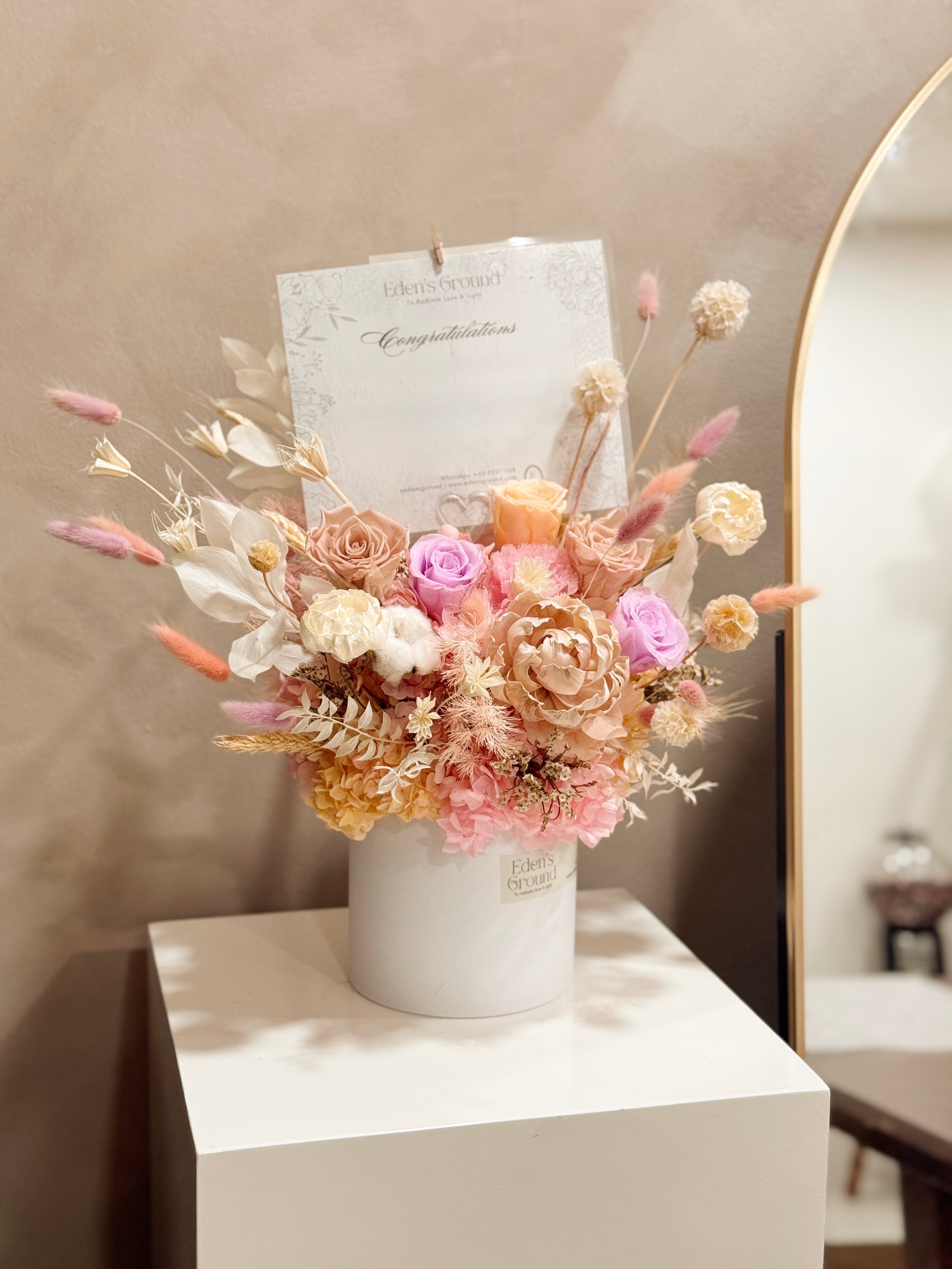 Bloom box decor and congratulatory gift for grand opening events, crafted by Eden's Ground.