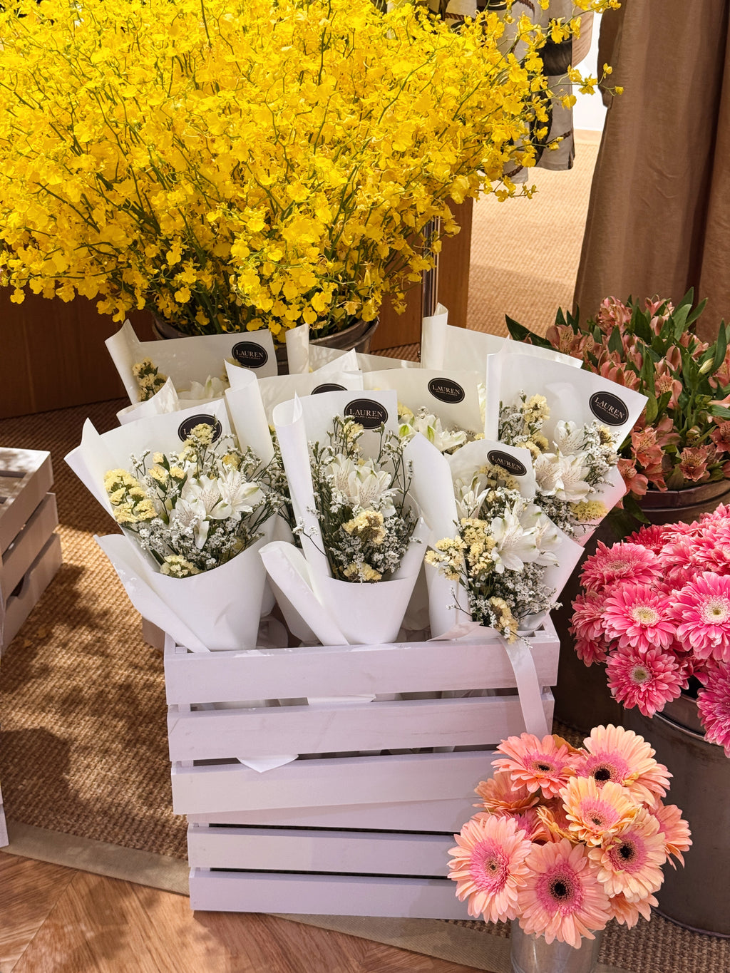 Bespoke Bouquet premium door gift for shop opening made with fresh flowers in vibrant colours for luxury brands in Singapore for gifting VIPs and VICs in Singapore, by Eden's Ground, a floral design studio.