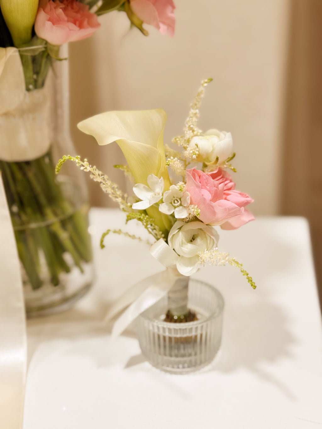 Groom's boutonnière or VIP (parents) and groomsmen flowers and corsages, customised for your wedding event, crafted by Eden's Ground.