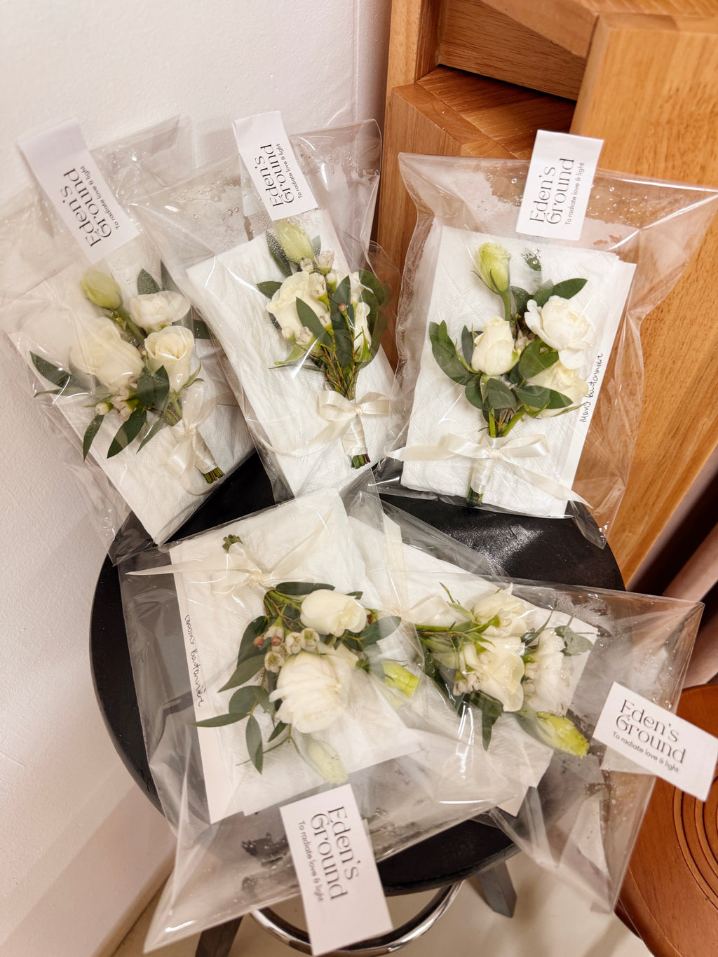Groom's boutonnière or VIP (parents) and groomsmen flowers, customised for your wedding event, crafted by Eden's Ground.