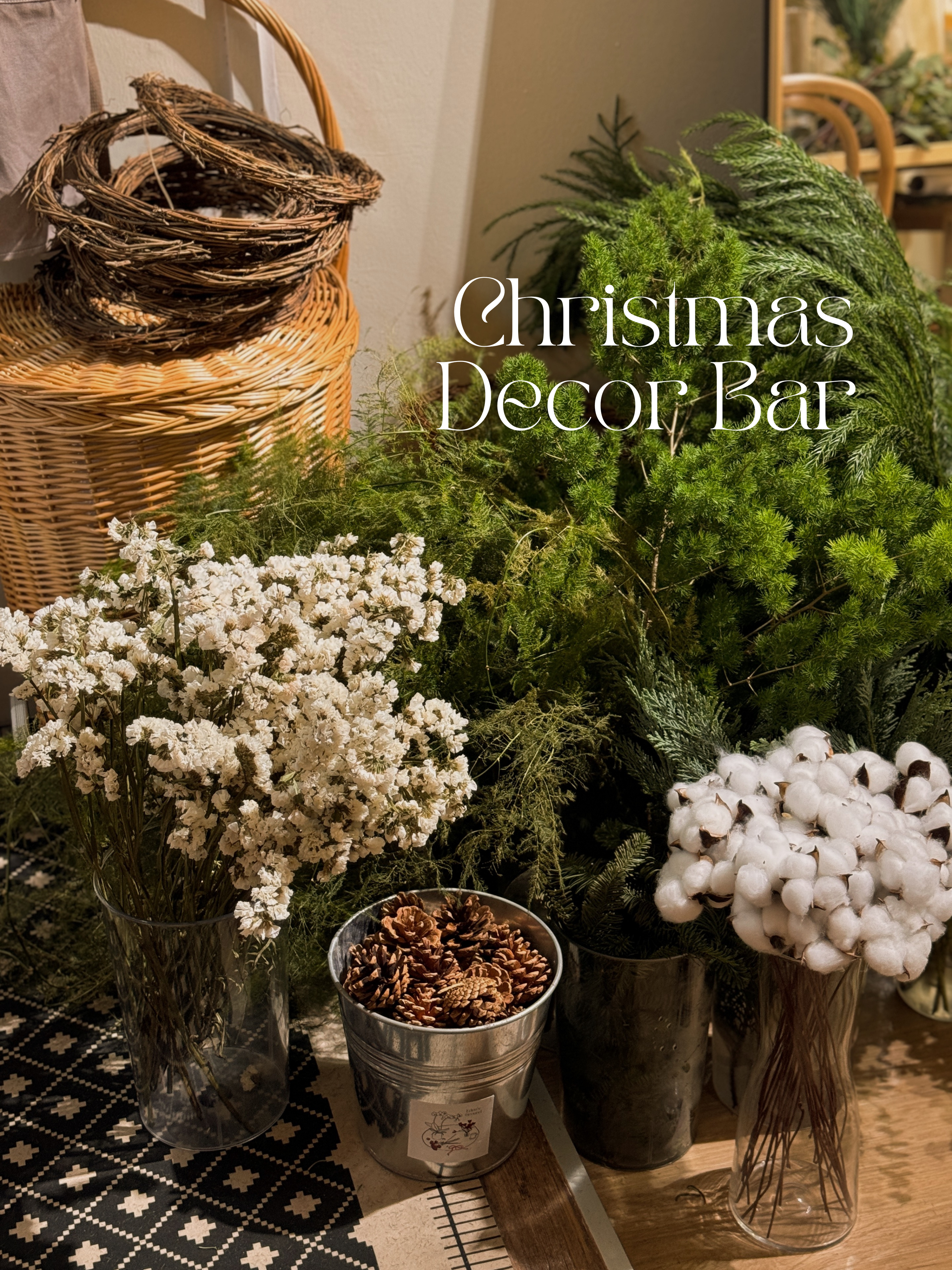 Christmas Decor Bar Session in Singapore. Fuss-free easy to do, decorate your own ready-made festive wreath or tree with a wide selection of decorations and ornaments to choose from. Held at our cosy floral studio in Joo Chiat, it's the perfect hands-on holiday experience to get into the Christmas spirit.