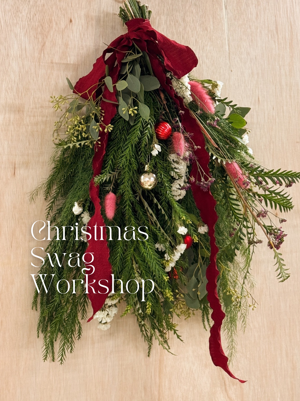 A Christmas swag Workshop in Singapore by Eden's Ground. Create your own festive decorative door swag arrangement using a variety of fresh firs, pine, foliage like eucalyptus, and natural textures and flowers. Held at our cosy floral studio in Tai Seng, it's the perfect hands-on holiday experience to get into the Christmas spirit.