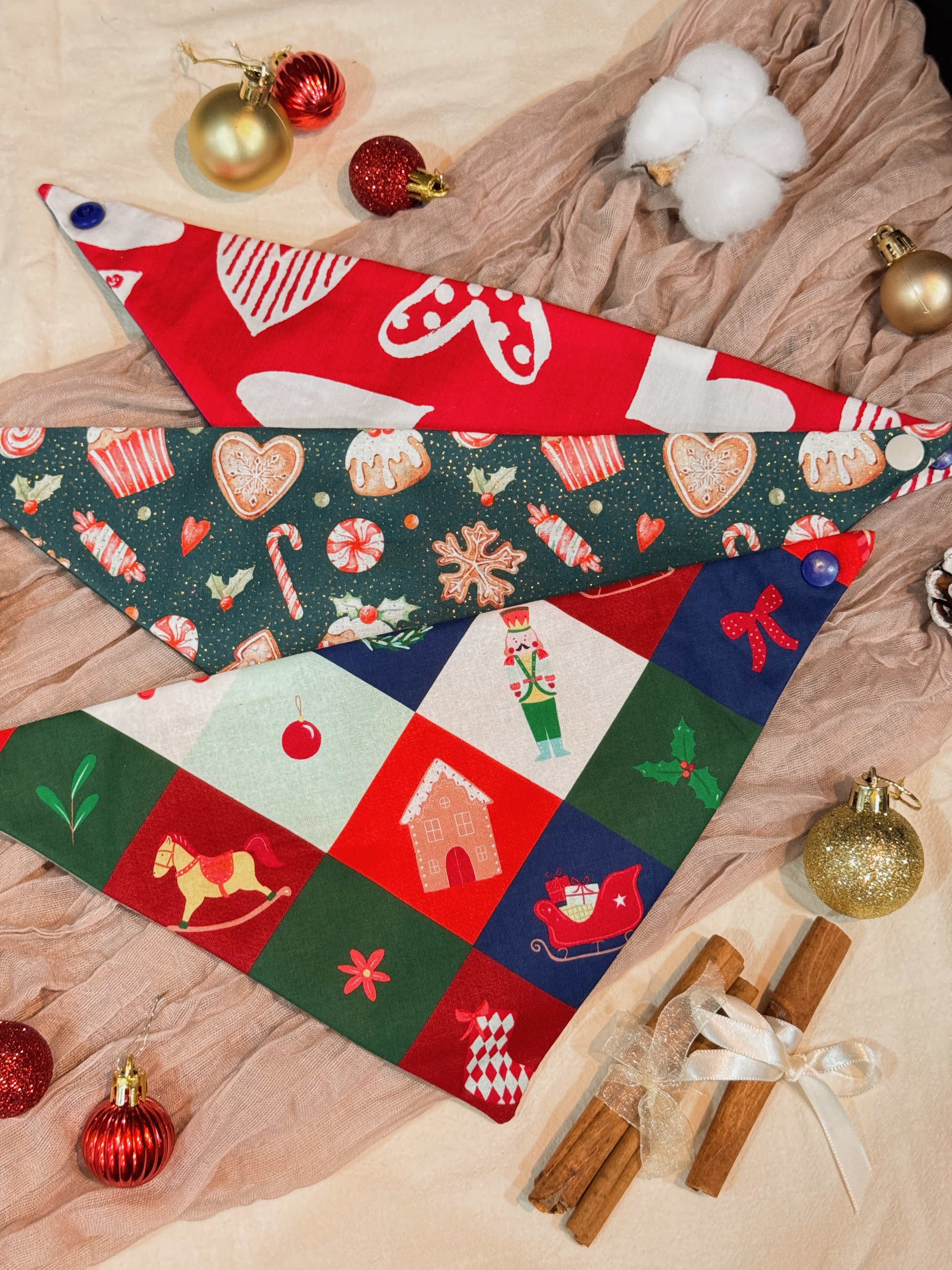 Handmade in Singapore, cats and dogs pet bandana for Christmas, by Glisten Couture.