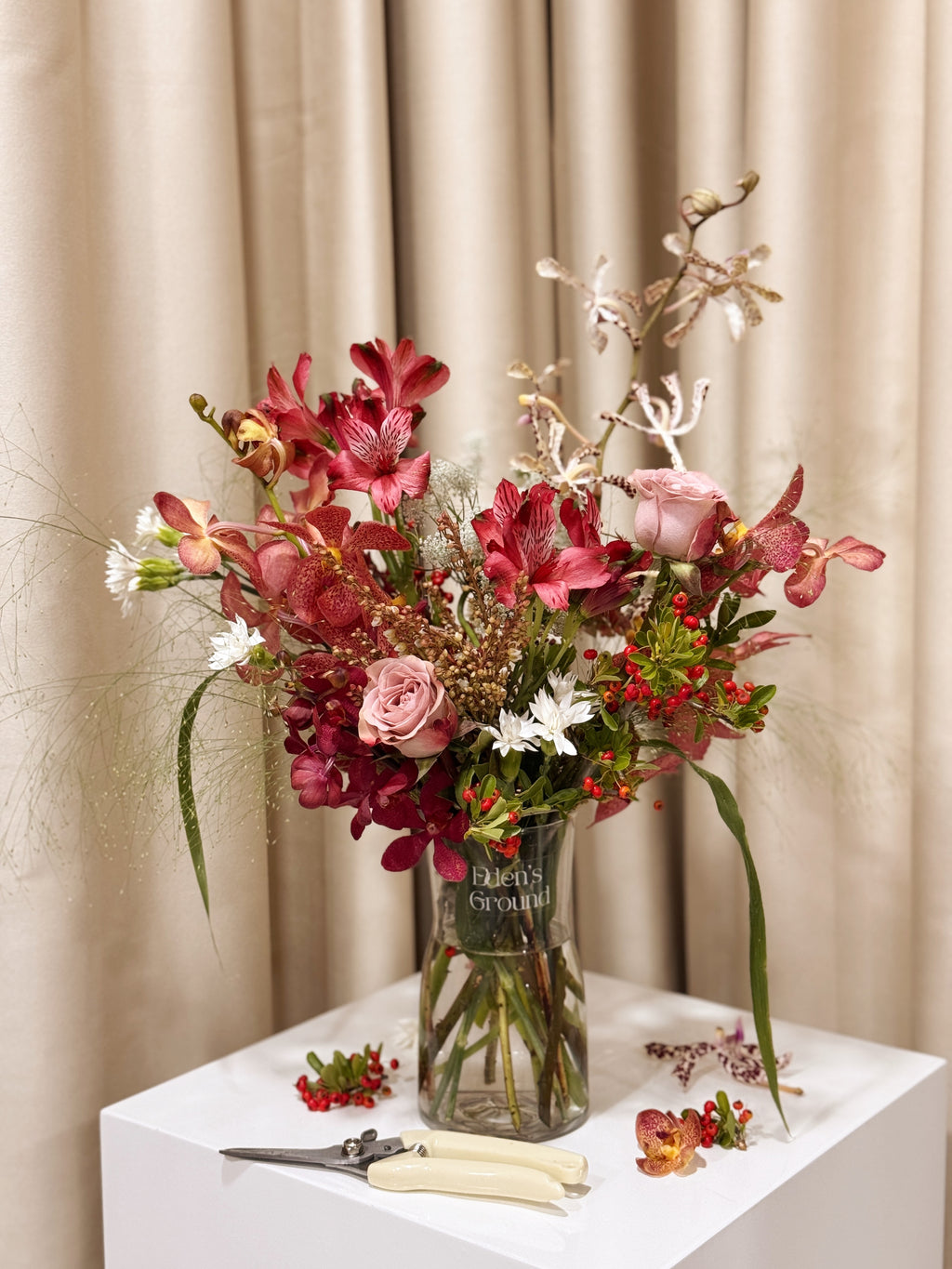 Clear glass vase, suitable for flower vase arrangements. Available at Eden's Ground, a floral design boutique.