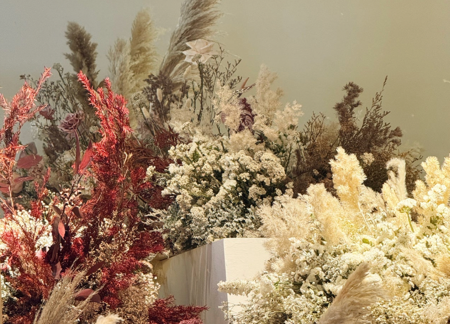Decorative arrangement of dried plants and flowers with a neutral background