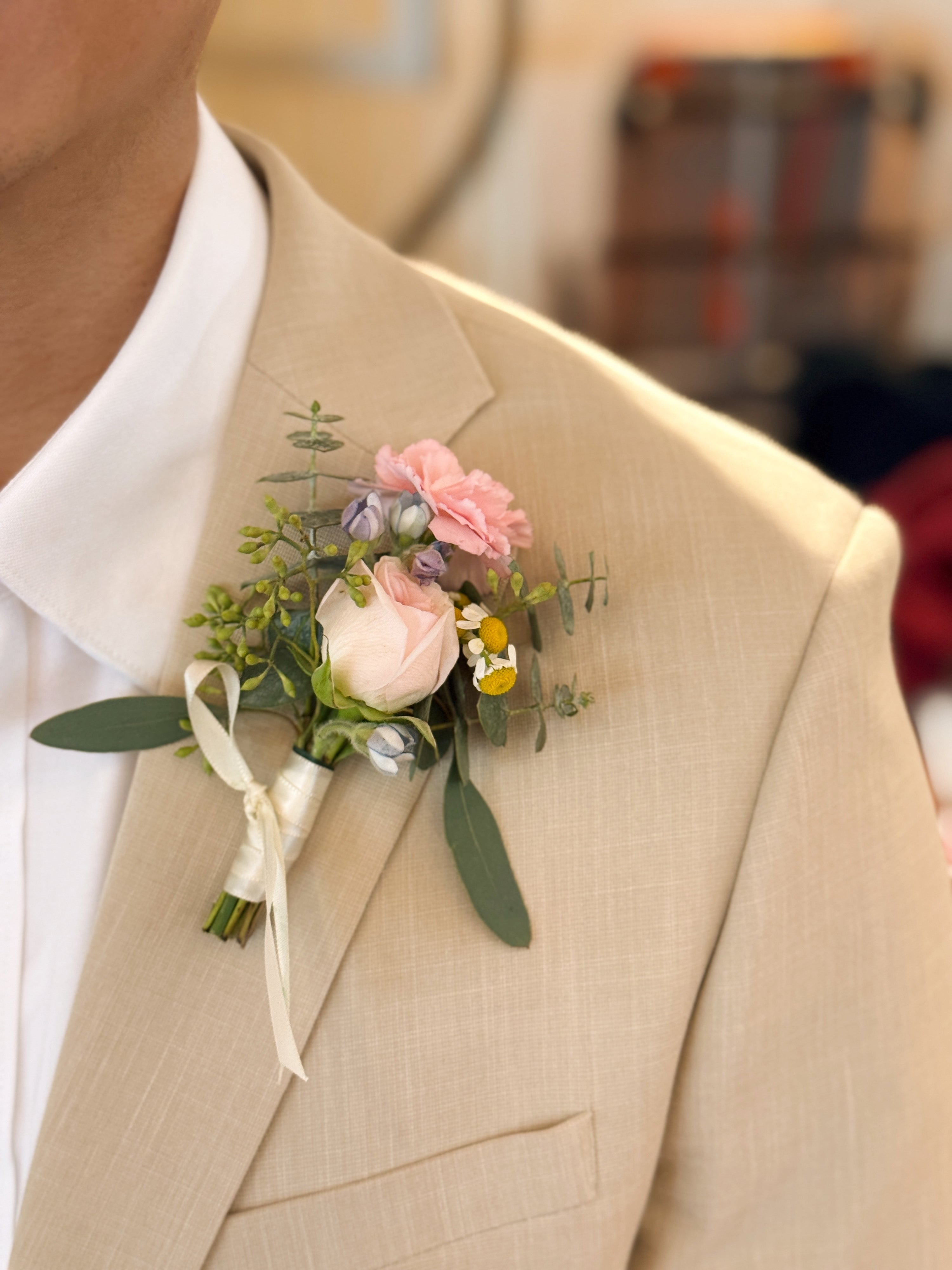 Groom's boutonnière or VIP (parents) and groomsmen flowers, customised for your wedding event, crafted by Eden's Ground.