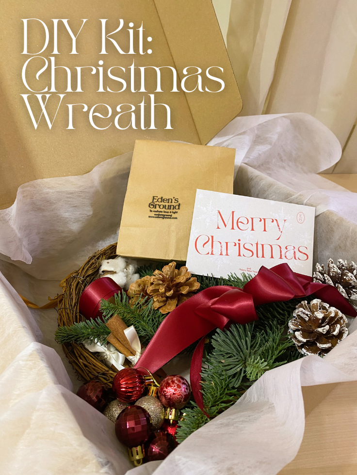 Fresh DIY Kit Christmas Wreath, decorated with baubles, ornaments, cotton, pinecones, cinnamon sticks and more by Eden's Ground, a Floral Design Studio in Singapore.