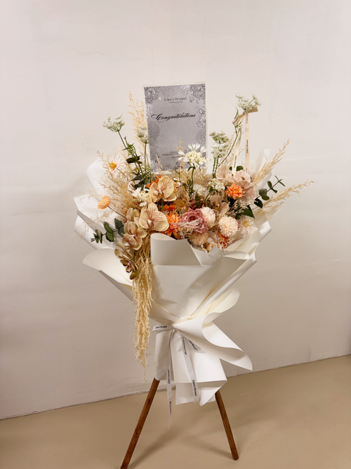 Everlasting Flowers Congratulatory Stand, featuring longlasting fau preserved and dried flowers, crafted by Eden's Ground, a floral design boutique based in Singapore.