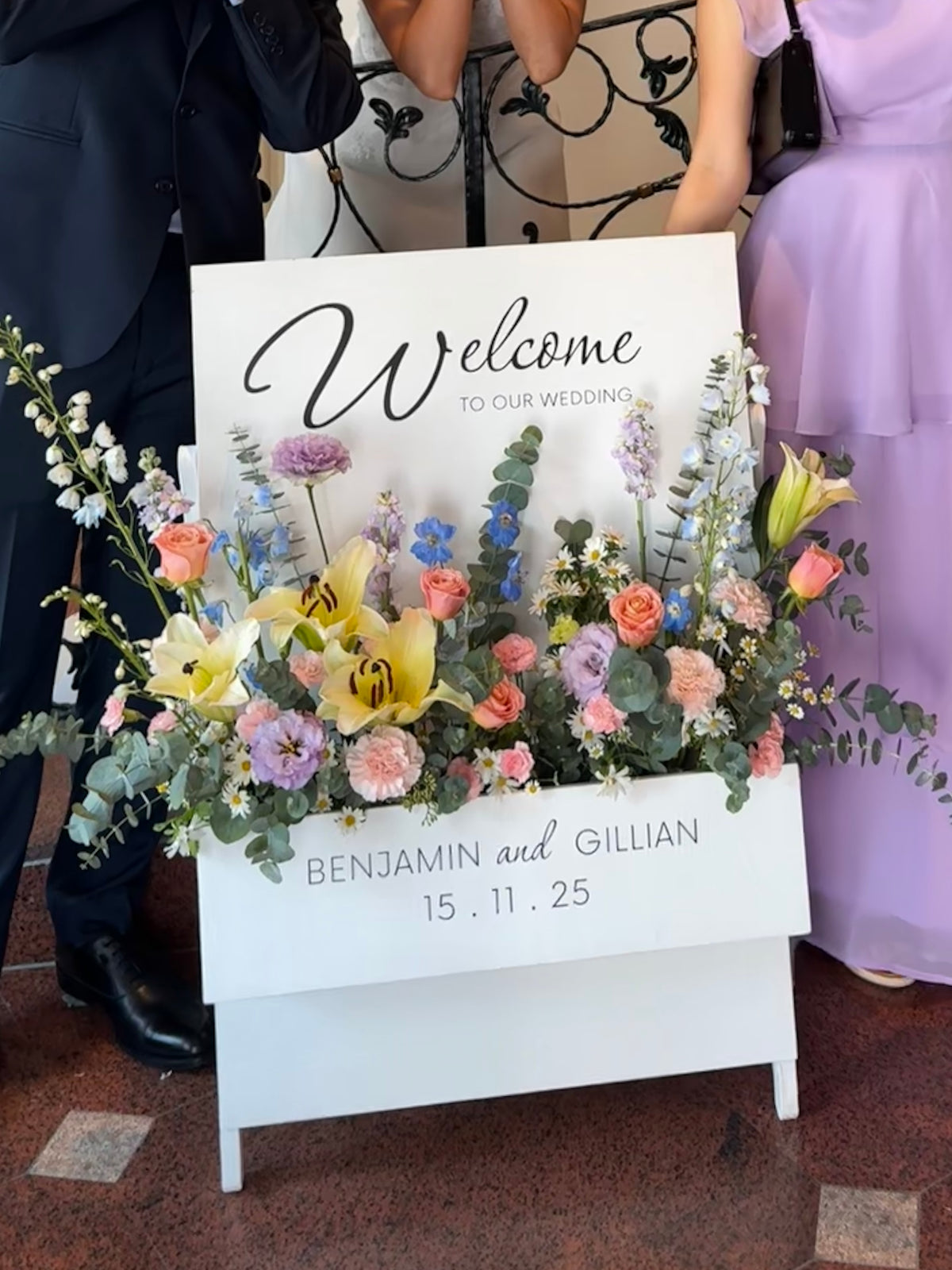 Elegant customisable welcome sign with flower box to welcome guests entering your wedding or birthday party venue in Singapore, rental by Eden's Ground.