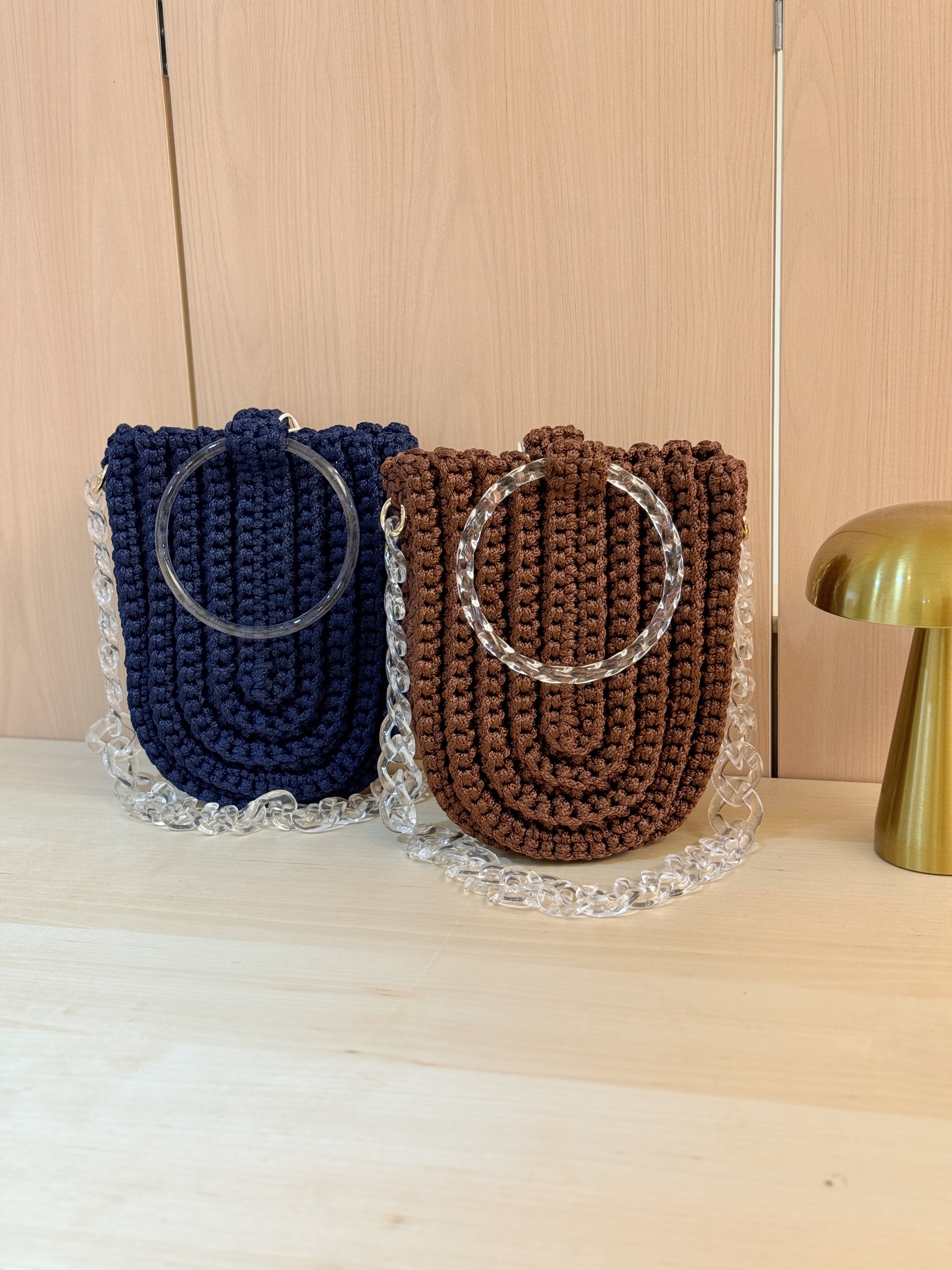 Crochet U Tote in Cherry Wood with Clear Handle and Chain Strap