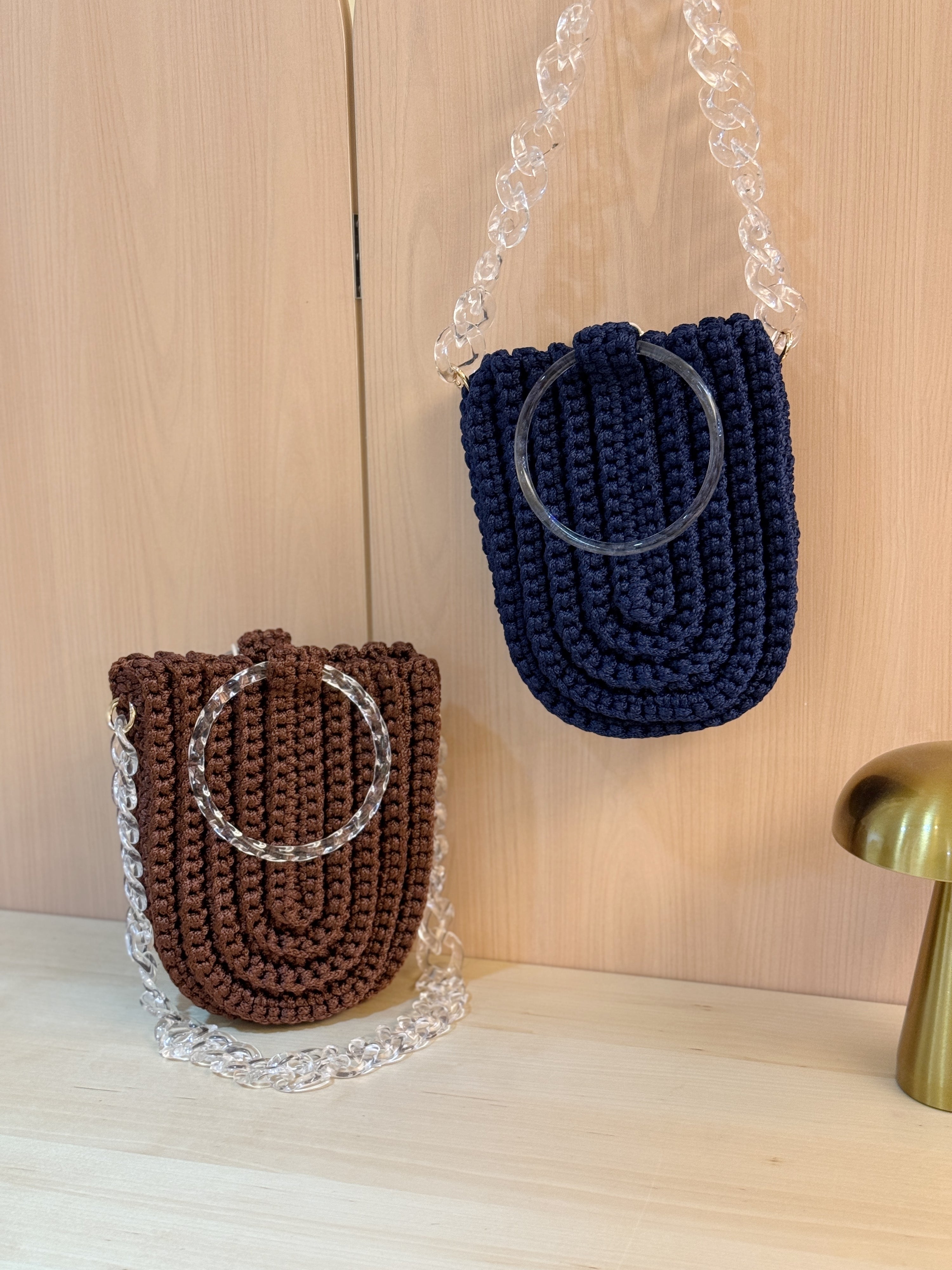 Crochet U Tote in Cherry Wood with Clear Handle and Chain Strap