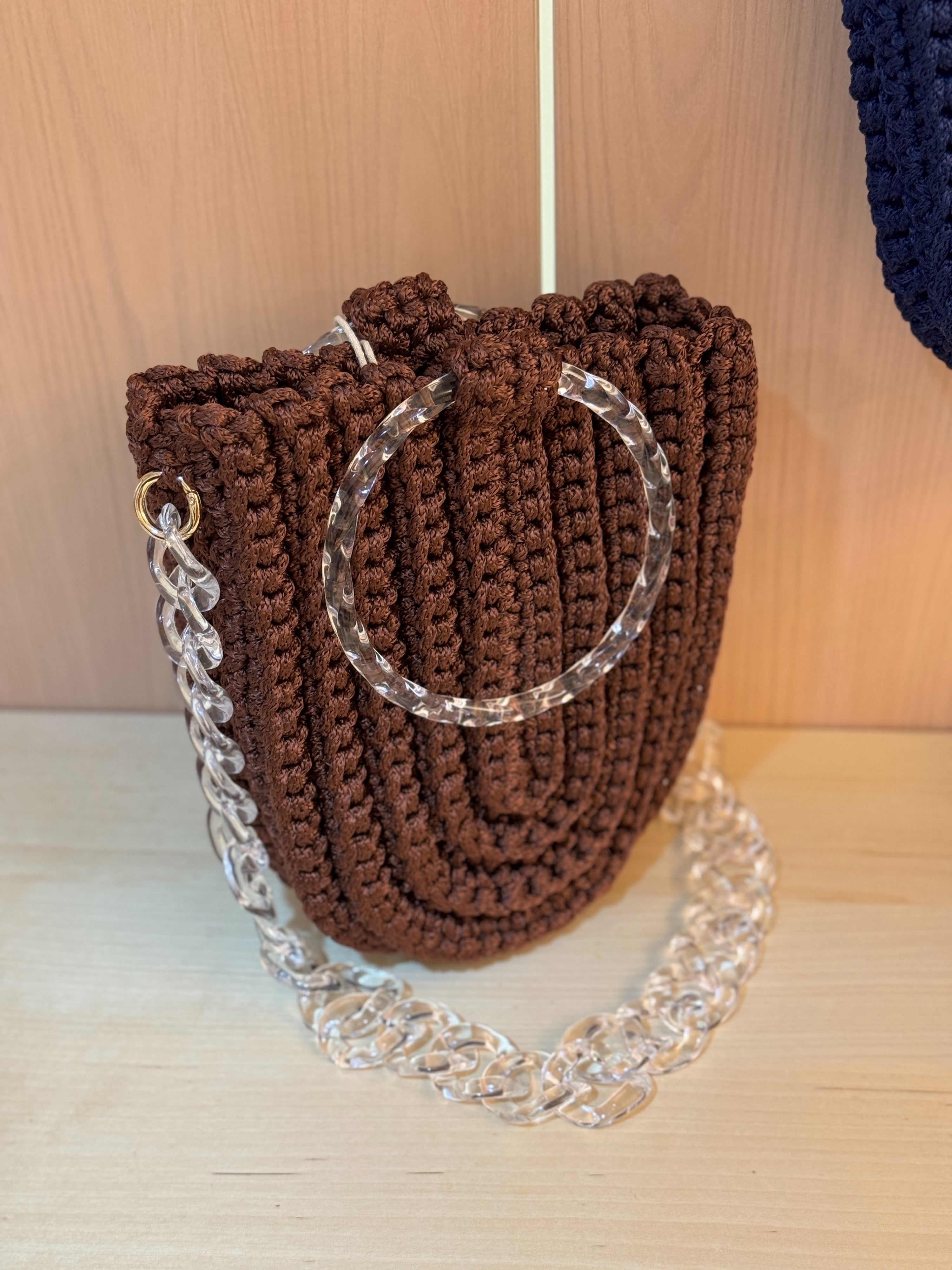 Crochet U Tote in Cherry Wood with Clear Handle and Chain Strap