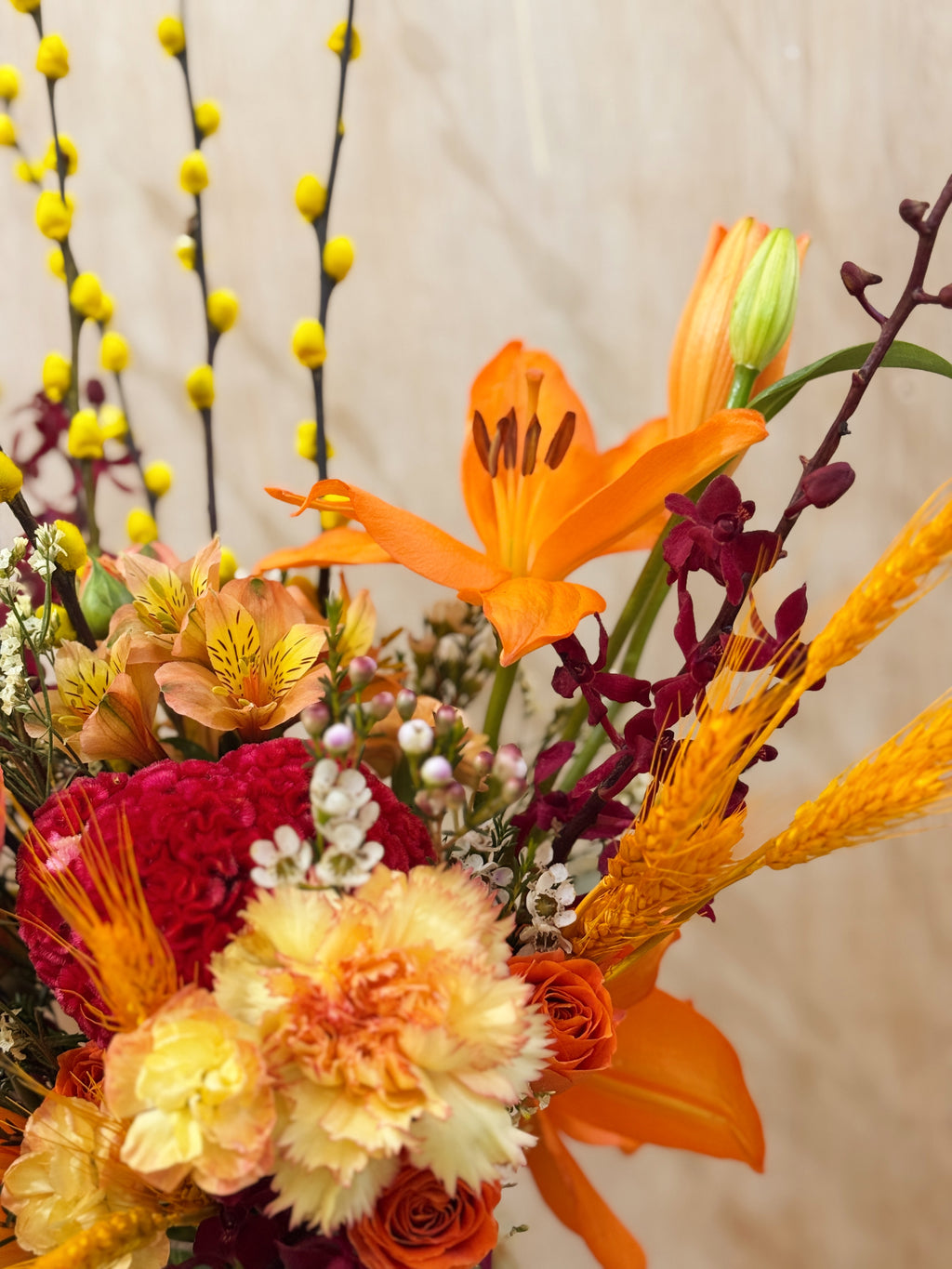 Chinese New Year 2026 Golden Pussy Willow Fresh Flower Vase Arrangement, CNY 2026 Flowers, featuring yellow golden pussy willow cny flower, Lilies with roses, carnations and more to usher in wealth, abundance, prosperity and all the good vibes for the lunar new year, crafted by Eden's Ground, a floral design studio in Singapore. Delivered straight to your doorstep.