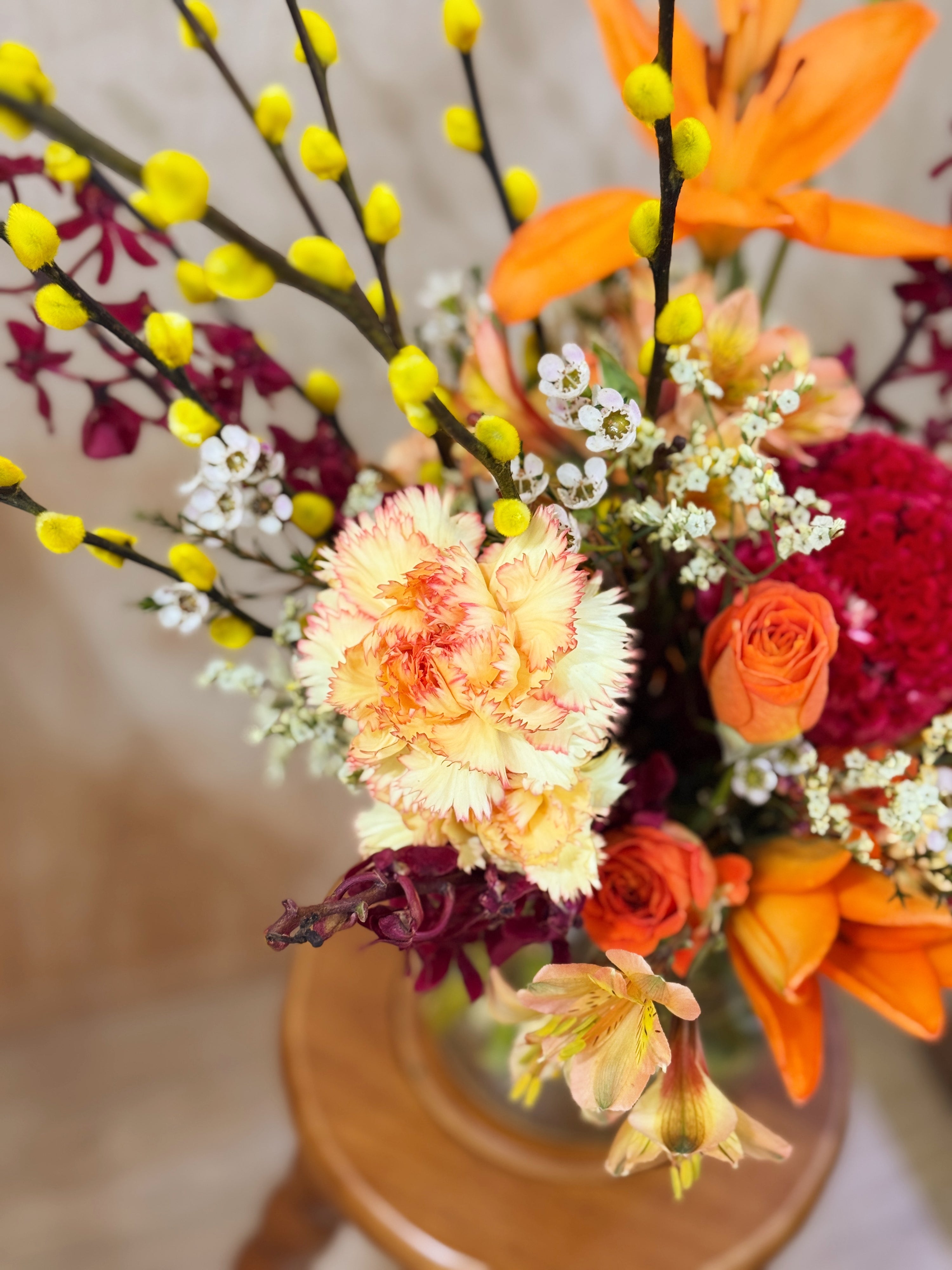 Chinese New Year 2026 Golden Pussy Willow Fresh Flower Vase Arrangement, CNY 2026 Flowers, featuring yellow golden pussy willow cny flower, Lilies with roses, carnations and more to usher in wealth, abundance, prosperity and all the good vibes for the lunar new year, crafted by Eden's Ground, a floral design studio in Singapore. Delivered straight to your doorstep.