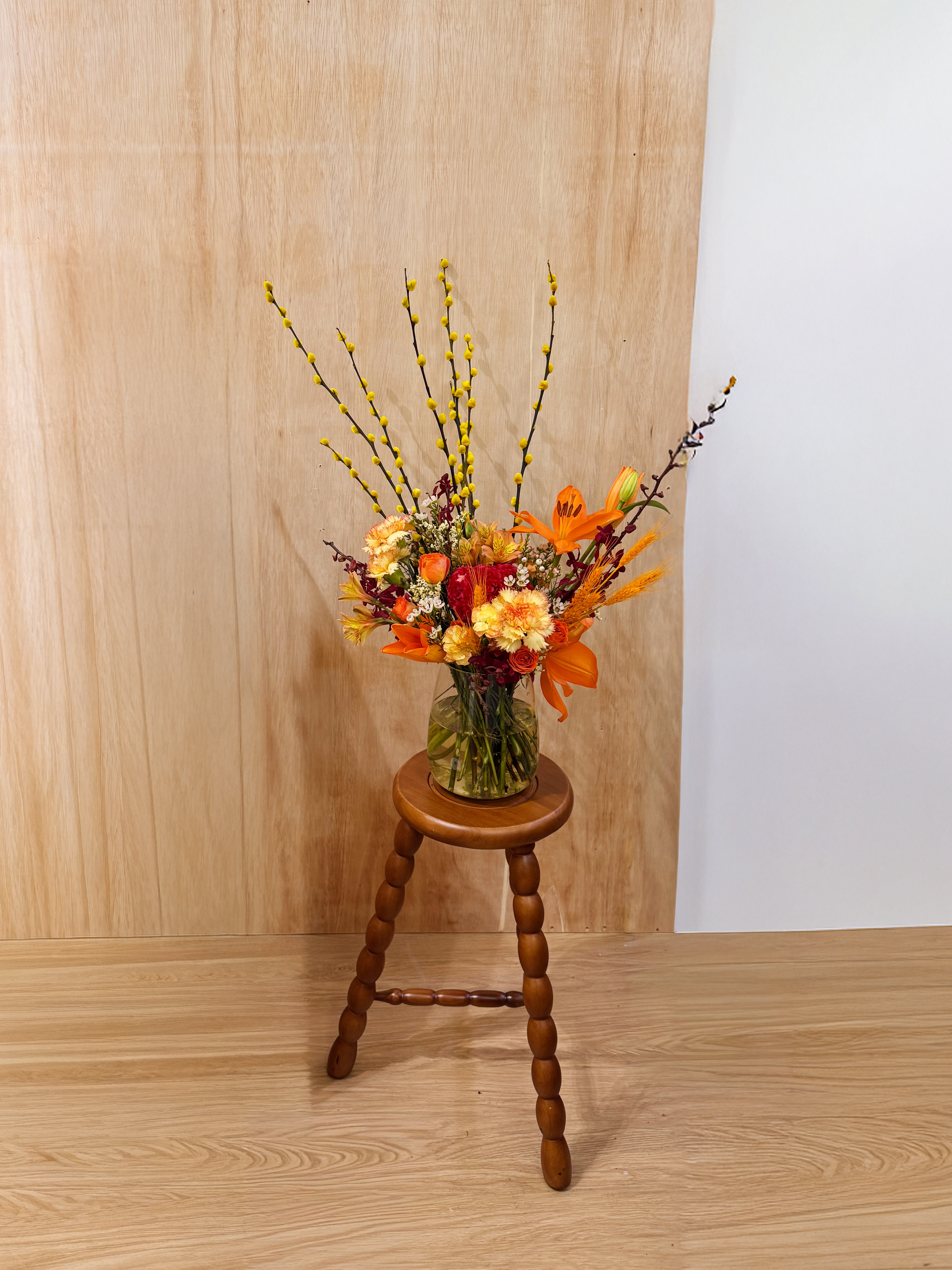 Chinese New Year 2026 Golden Pussy Willow Fresh Flower Vase Arrangement, CNY 2026 Flowers, featuring yellow golden pussy willow cny flower, Lilies with roses, carnations and more to usher in wealth, abundance, prosperity and all the good vibes for the lunar new year, crafted by Eden's Ground, a floral design studio in Singapore. Delivered straight to your doorstep.