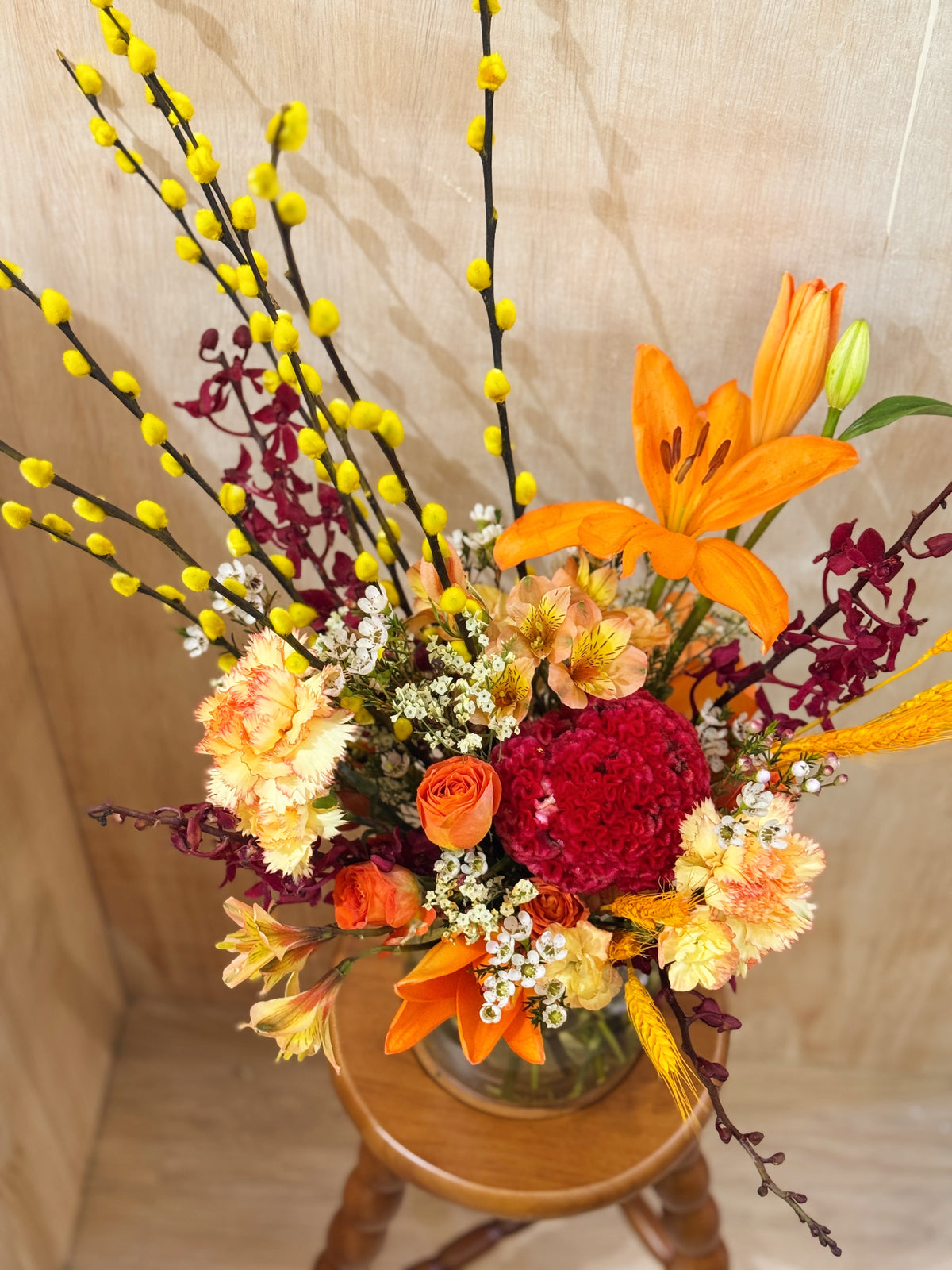 Chinese New Year 2026 Golden Pussy Willow Fresh Flower Vase Arrangement, CNY 2026 Flowers, featuring yellow golden pussy willow cny flower, Lilies with roses, carnations and more to usher in wealth, abundance, prosperity and all the good vibes for the lunar new year, crafted by Eden's Ground, a floral design studio in Singapore. Delivered straight to your doorstep.