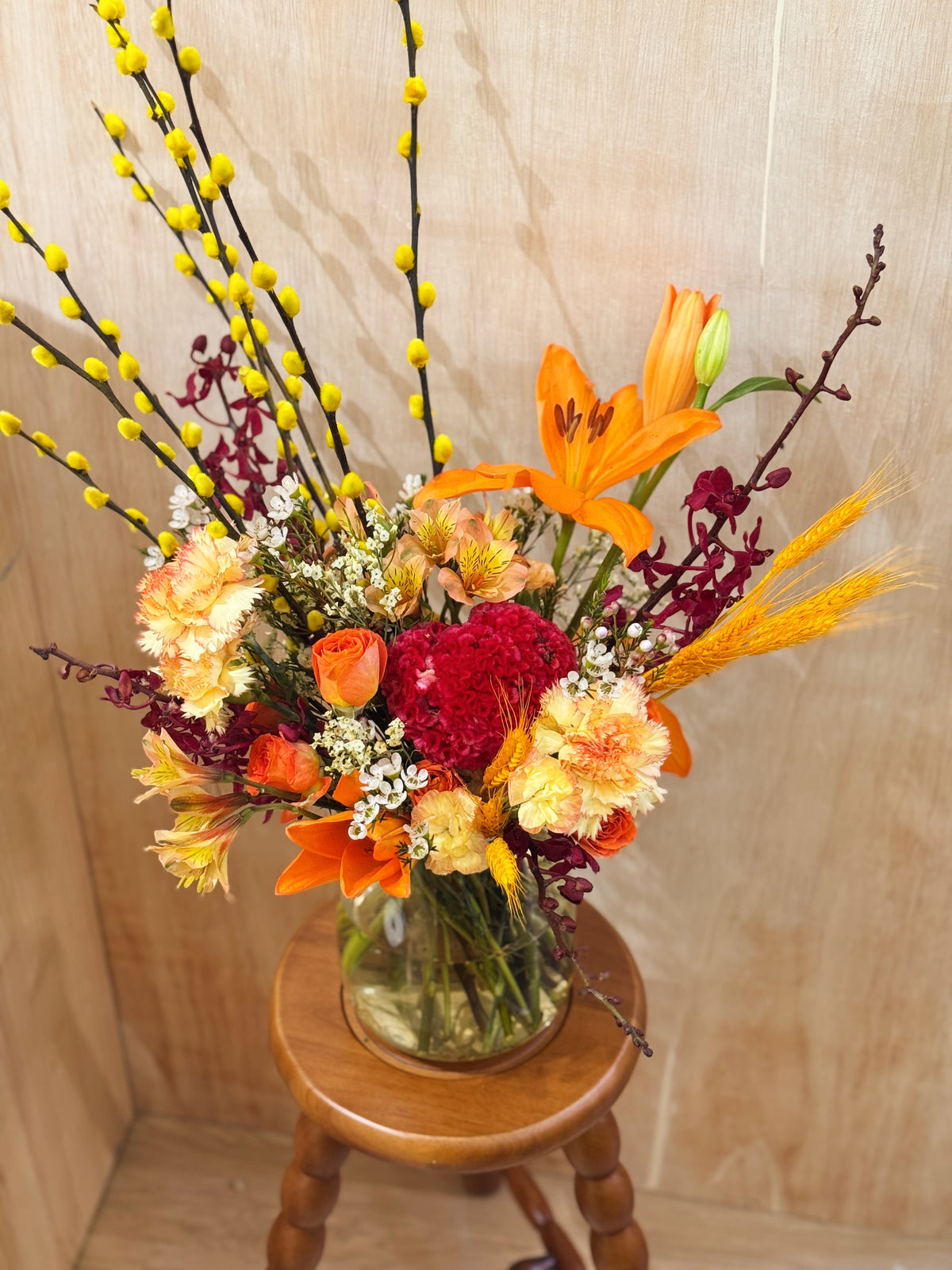 Chinese New Year 2026 Golden Pussy Willow Fresh Flower Vase Arrangement, CNY 2026 Flowers, featuring yellow golden pussy willow cny flower, Lilies with roses, carnations and more to usher in wealth, abundance, prosperity and all the good vibes for the lunar new year, crafted by Eden's Ground, a floral design studio in Singapore. Delivered straight to your doorstep.
