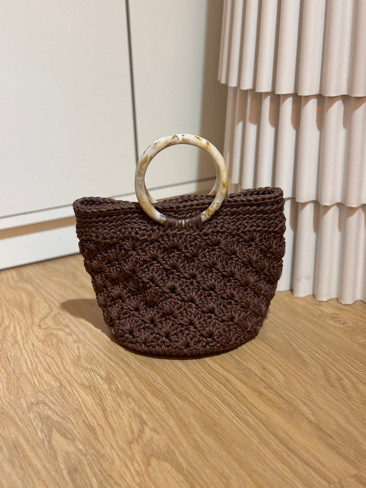 Handmade handcrochet bags purse made in Singapore sg local handcraft craft diy quality premium crochet knit mother love birthday present gift idea high fashion design free delivery artisan tote bag tote golden sunshine sand beige happy influencer celebrity it bag brown