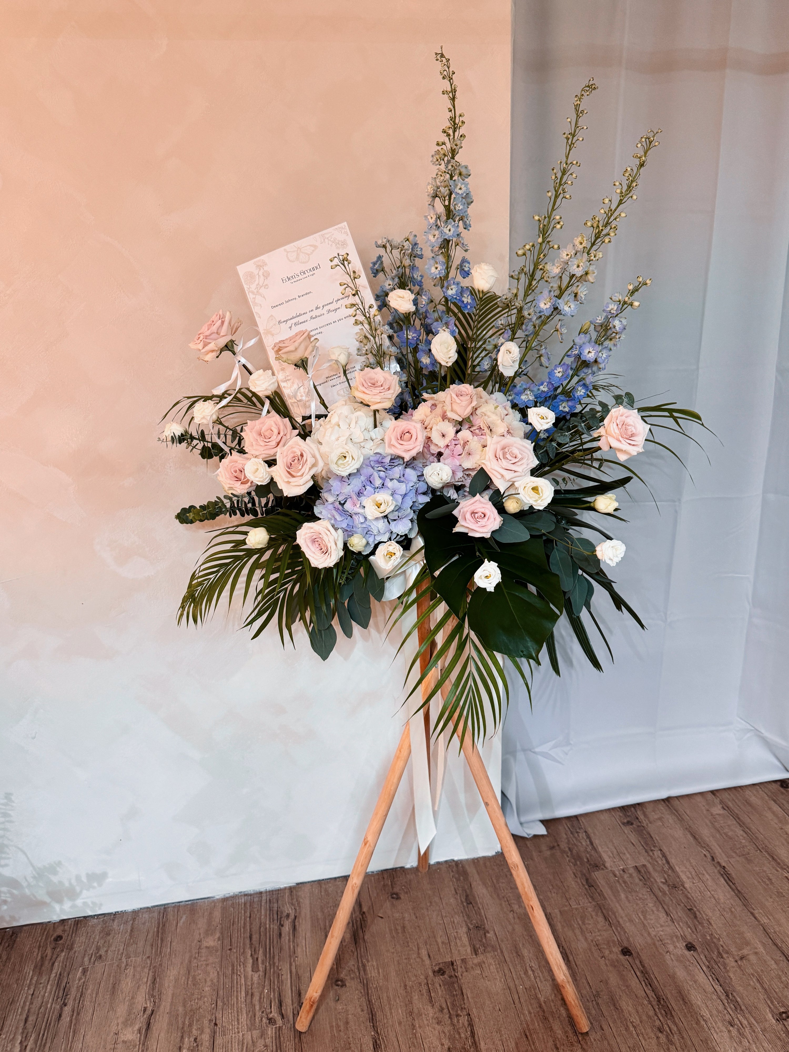 Warmest Congratulations, Fresh Flower Heartfelt Flower Stand, featuring luxurious Hydrangeas and Roses, crafted by Eden's Ground, a floral design boutique based in Singapore.