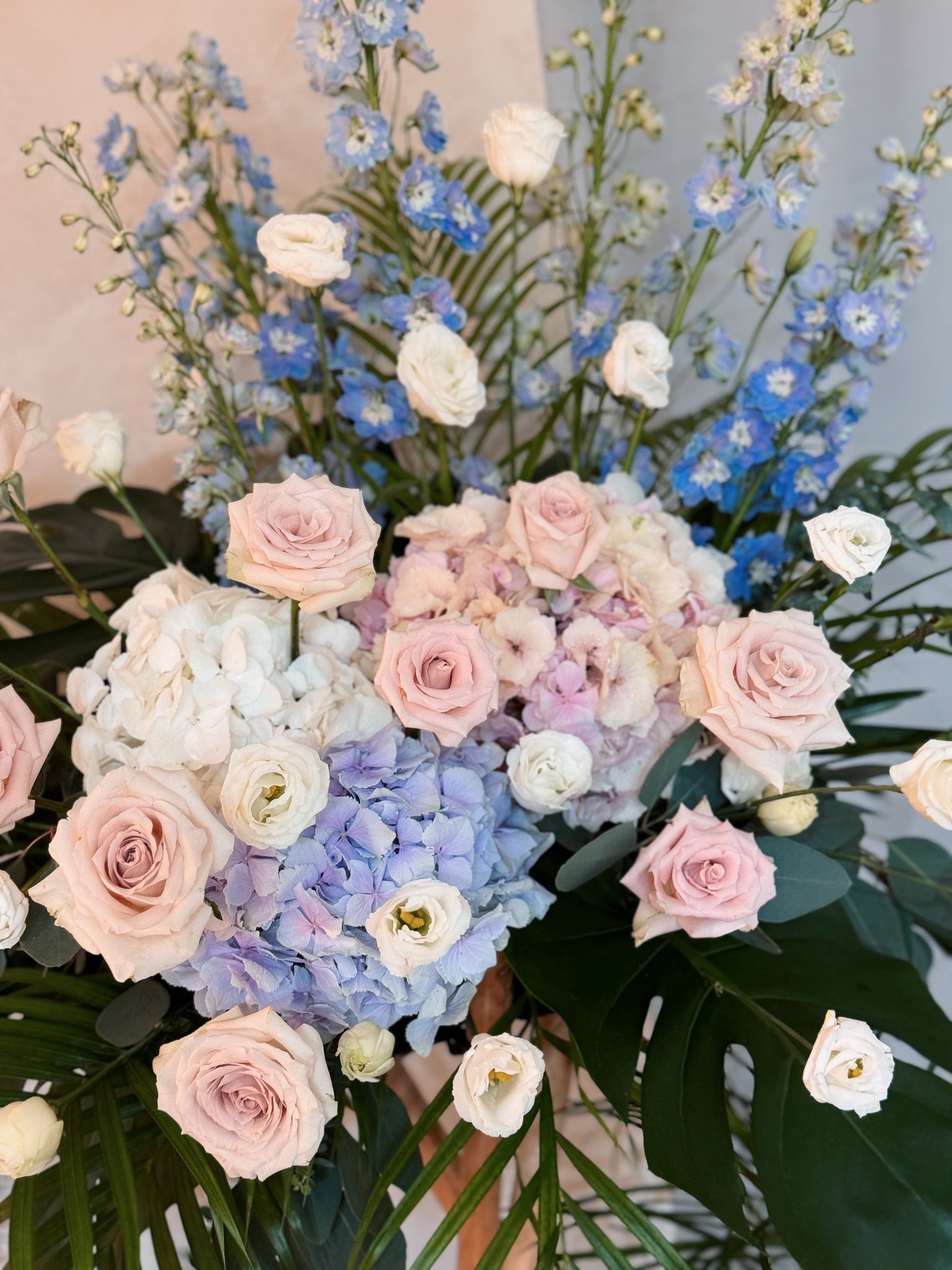 Warmest Congratulations, Fresh Flower Heartfelt Flower Stand, featuring luxurious Hydrangeas and Roses, crafted by Eden's Ground, a floral design boutique based in Singapore.