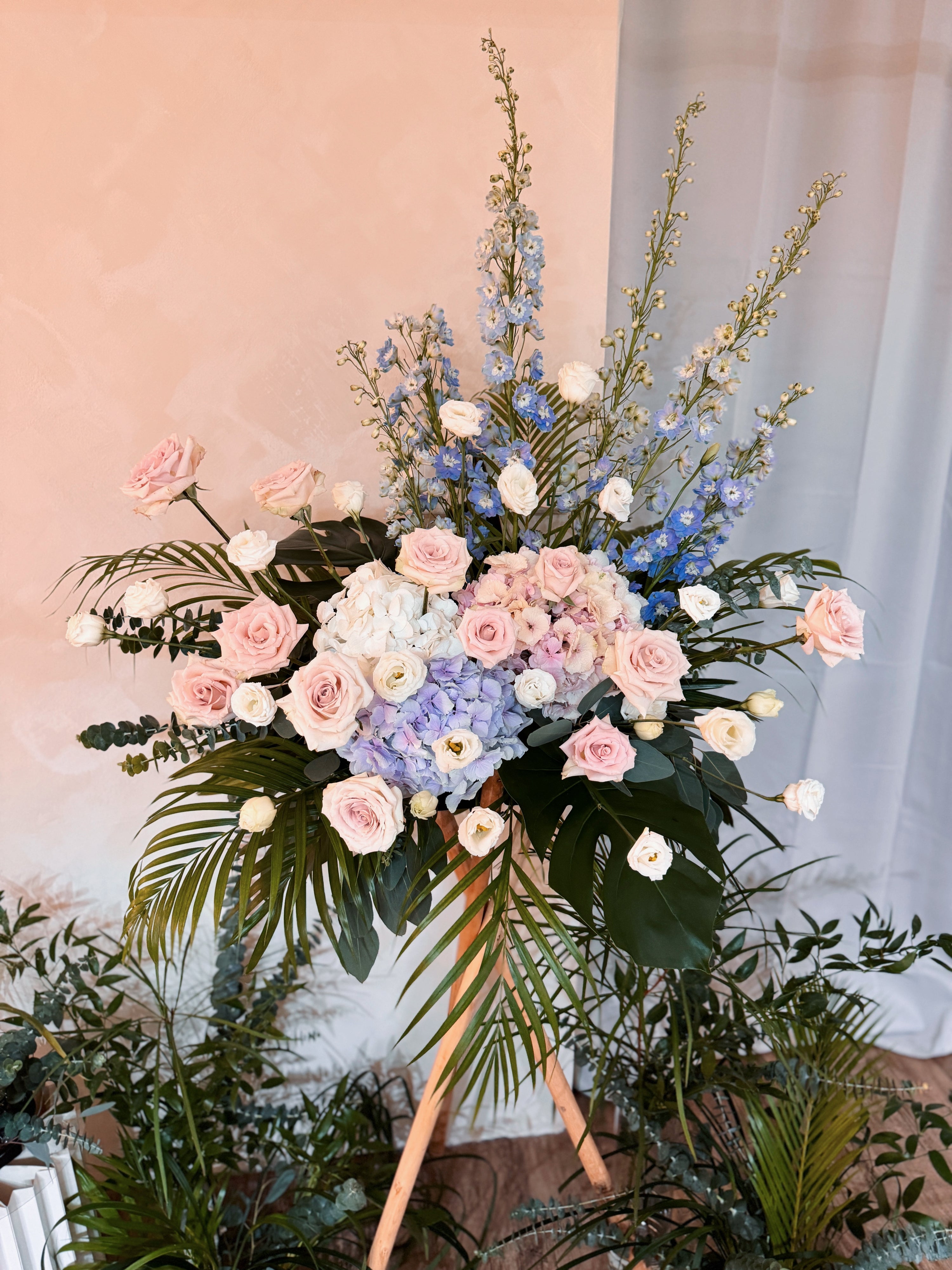 Warmest Congratulations, Fresh Flower Heartfelt Flower Stand, featuring luxurious Hydrangeas and Roses, crafted by Eden's Ground, a floral design boutique based in Singapore.