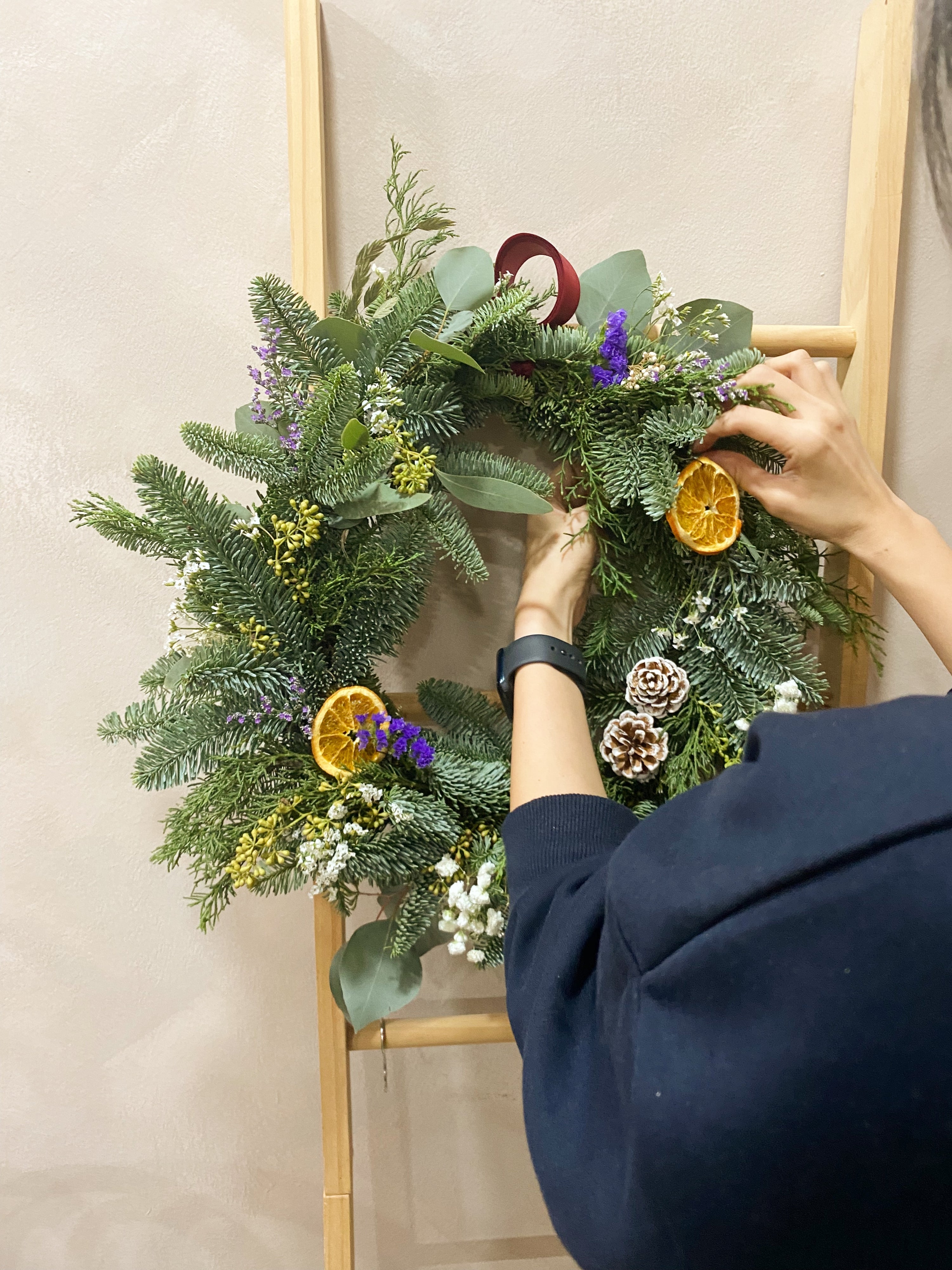Christmas Wreath Workshop in Singapore. Create your own festive wreath using a variety of fresh firs, foliage and natural textures. Held at our cosy floral studio in Joo Chiat, it's the perfect hands-on holiday experience to get into the Christmas spirit.