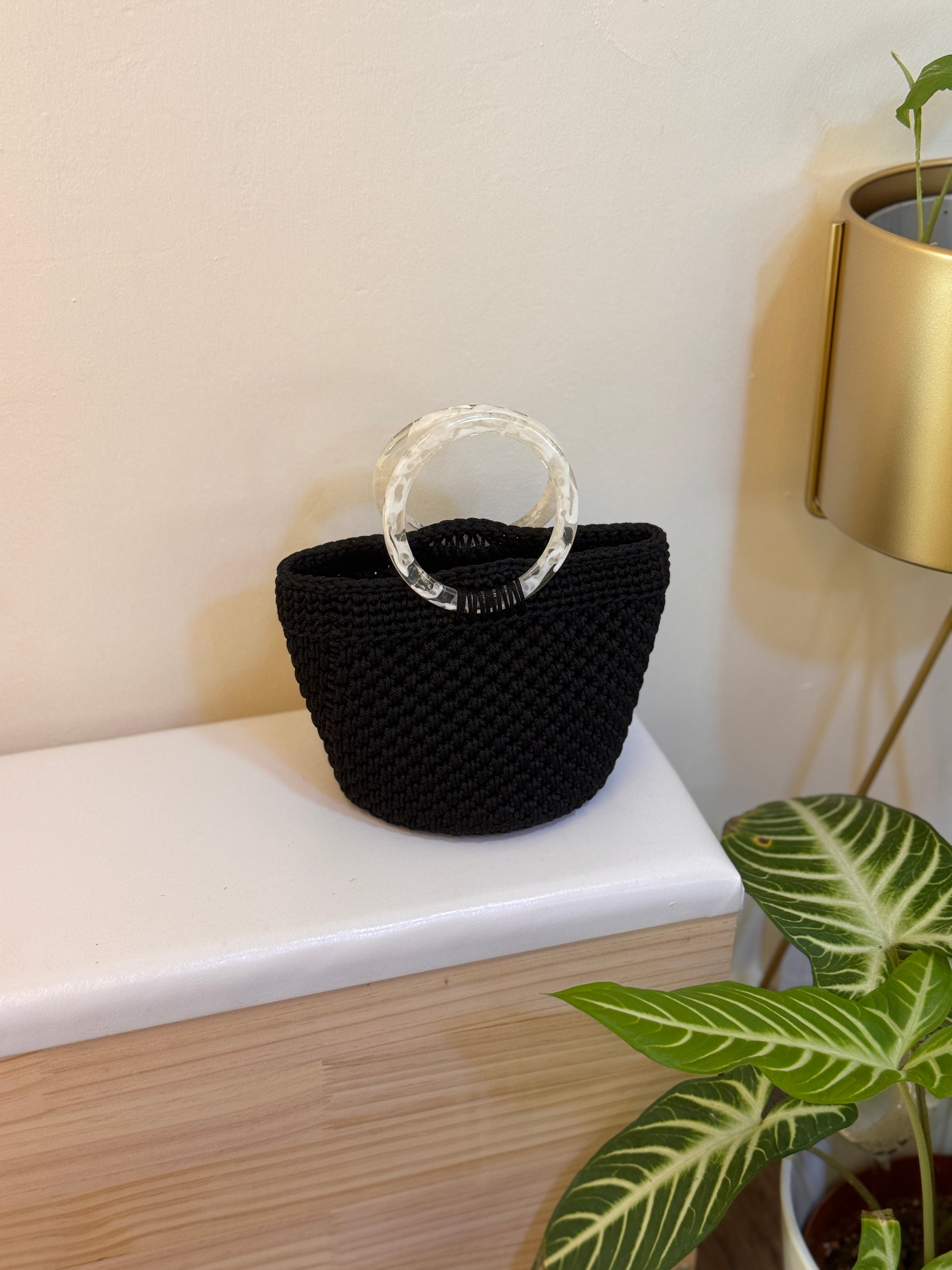 Crochet Mini Basket Bag in Black with Marble Handle