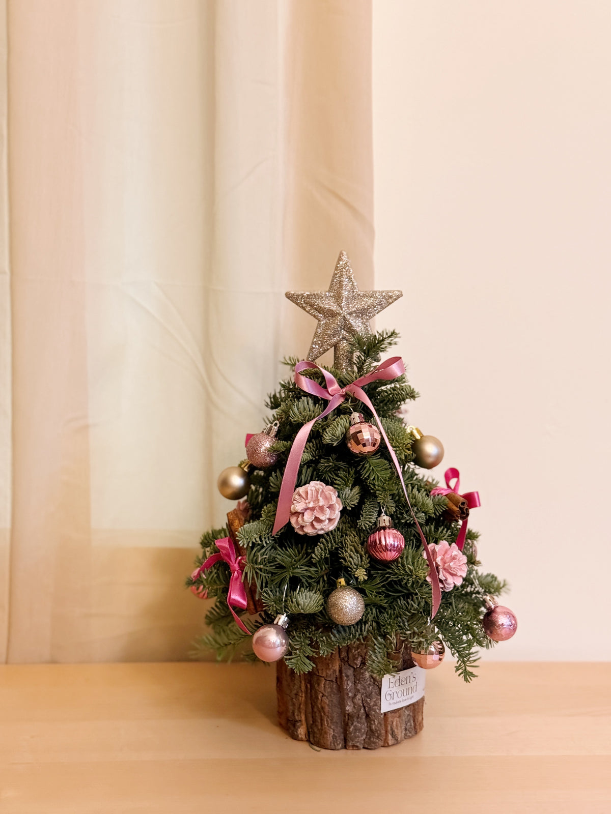 Fresh DIY Kit, Mini Tabletop Christmas Tree, decorated with baubles, ornaments, cotton, pinecones, cinnamon sticks and more by Eden's Ground, a Floral Design Studio in Singapore.