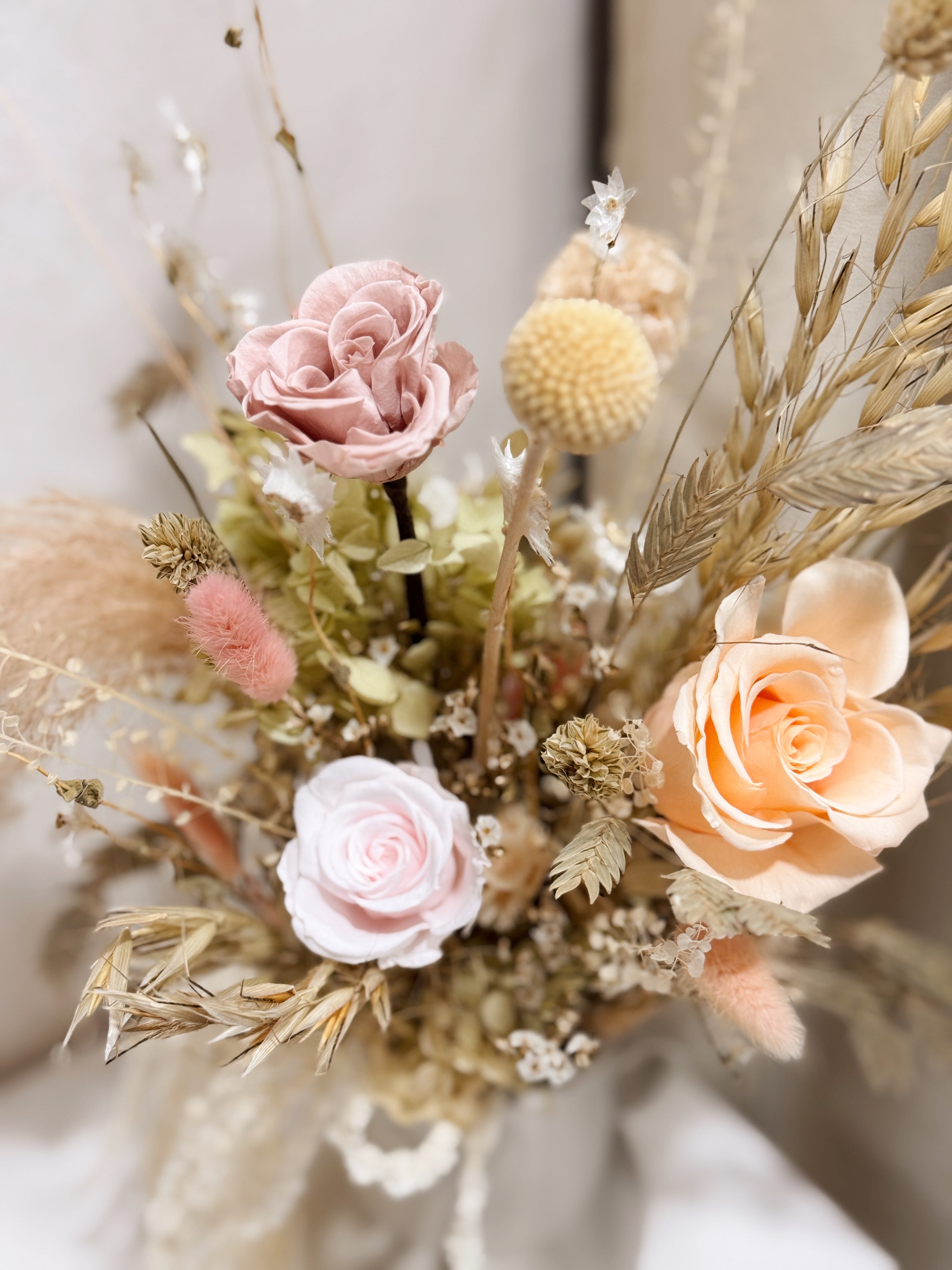 My Cup Runneth Over vase arrangement by Eden’s Ground featuring everlasting florals in soft, earthy tones, with amaranthus spilling over — thoughtfully styled in a mini jug vase. Low-maintenance and long-lasting, it's perfect as a housewarming gift or as a timeless piece of home décor.