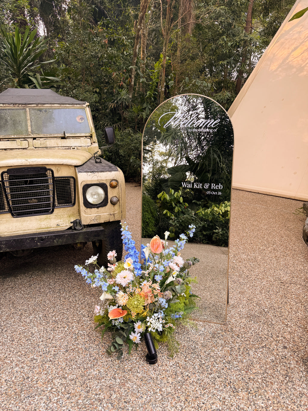Customised elegant wedding mirror decor, as welcome sign with your names or seat assignment sign for your guests, rental by Eden's Ground.