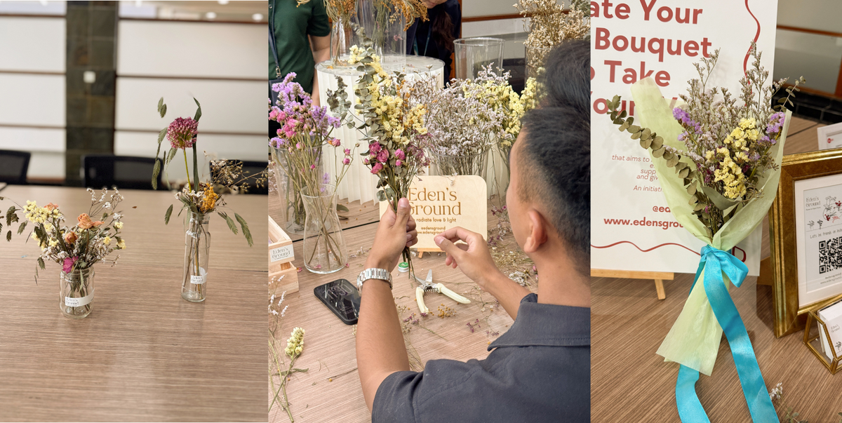 Collage of a woman selecting flowers, a bouquet on a stand, and a card with floral arrangements.