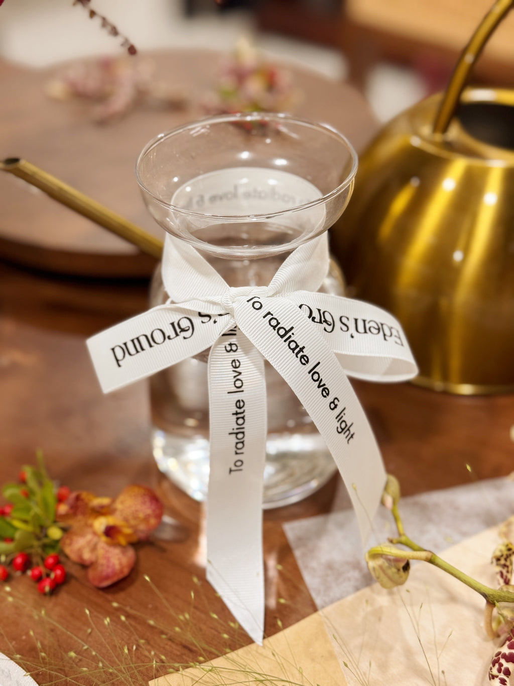 Petite clear glass vase, suitable for flower vase arrangements. Available at Eden's Ground, a floral design boutique.