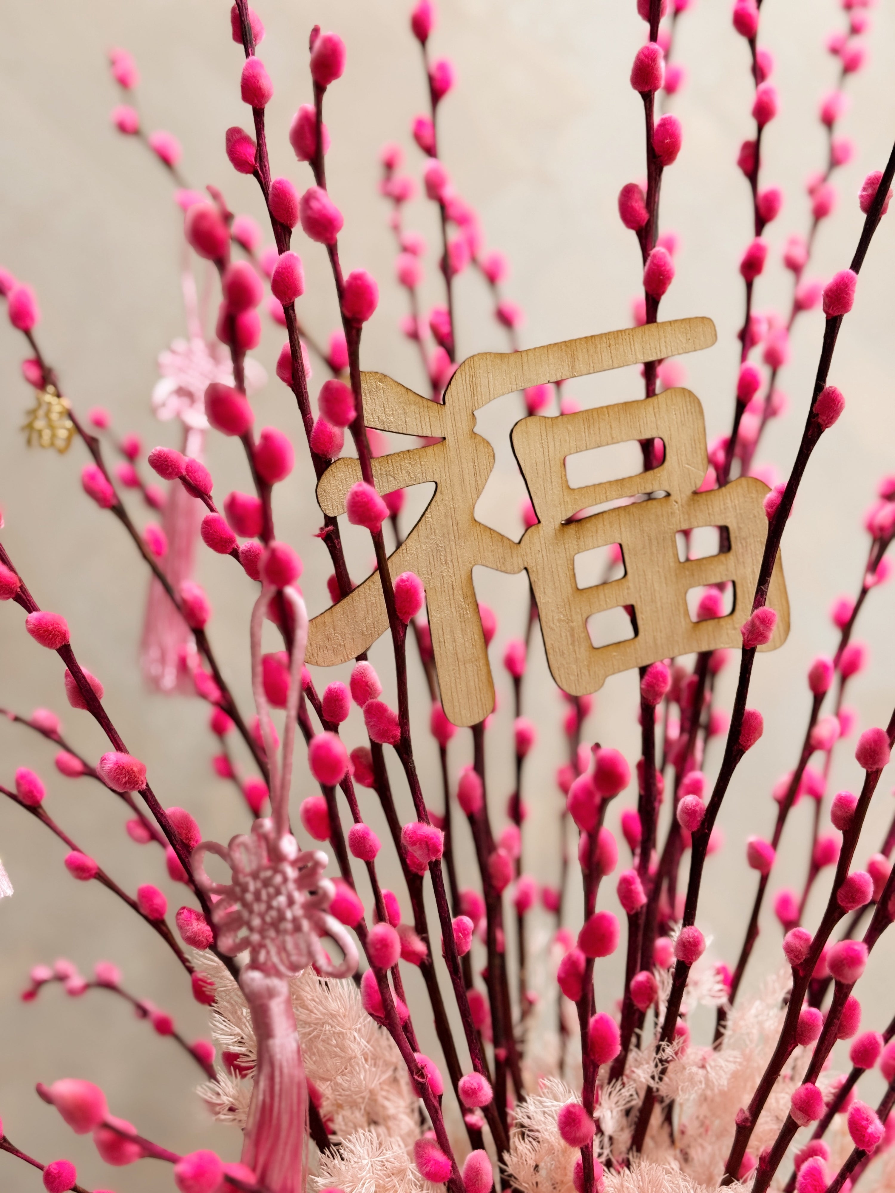 Chinese New Year 2026 Pussy Willow Flower Box, featuring pink and gold pussy willow cny flower, everlasting preserved hydrangeas, decorated with pink tassles and 福 to usher in wealth, abundance, prosperity and all the good vibes for the lunar new year, crafted by Eden's Ground, a floral design studio in Singapore. Delivered straight to your doorstep.