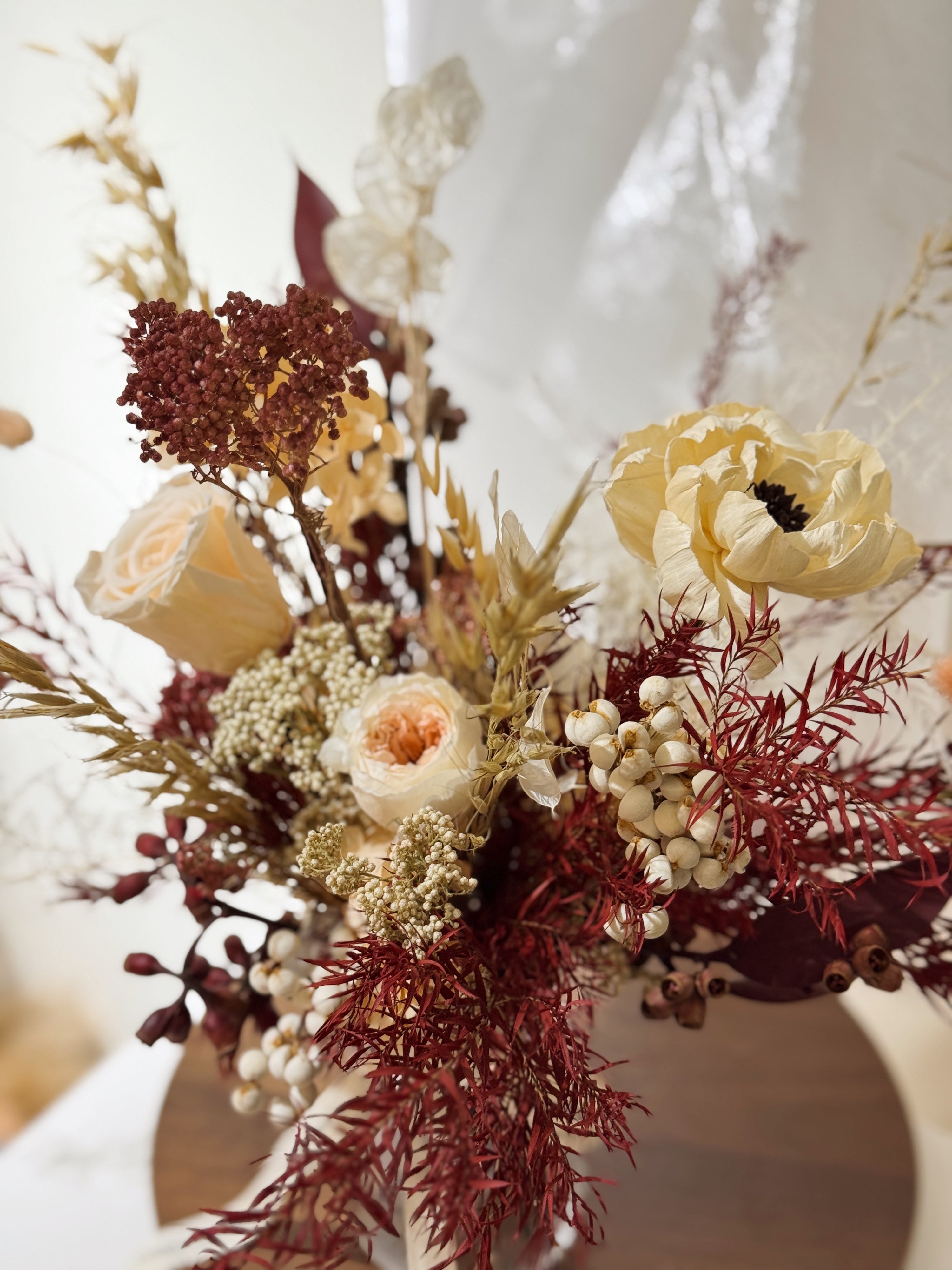 Customised, bespoke preserved and dried flower vase arrangement, rustic style, tailored to your preference, filled with your favourite flowers, crafted by Eden's Ground. 