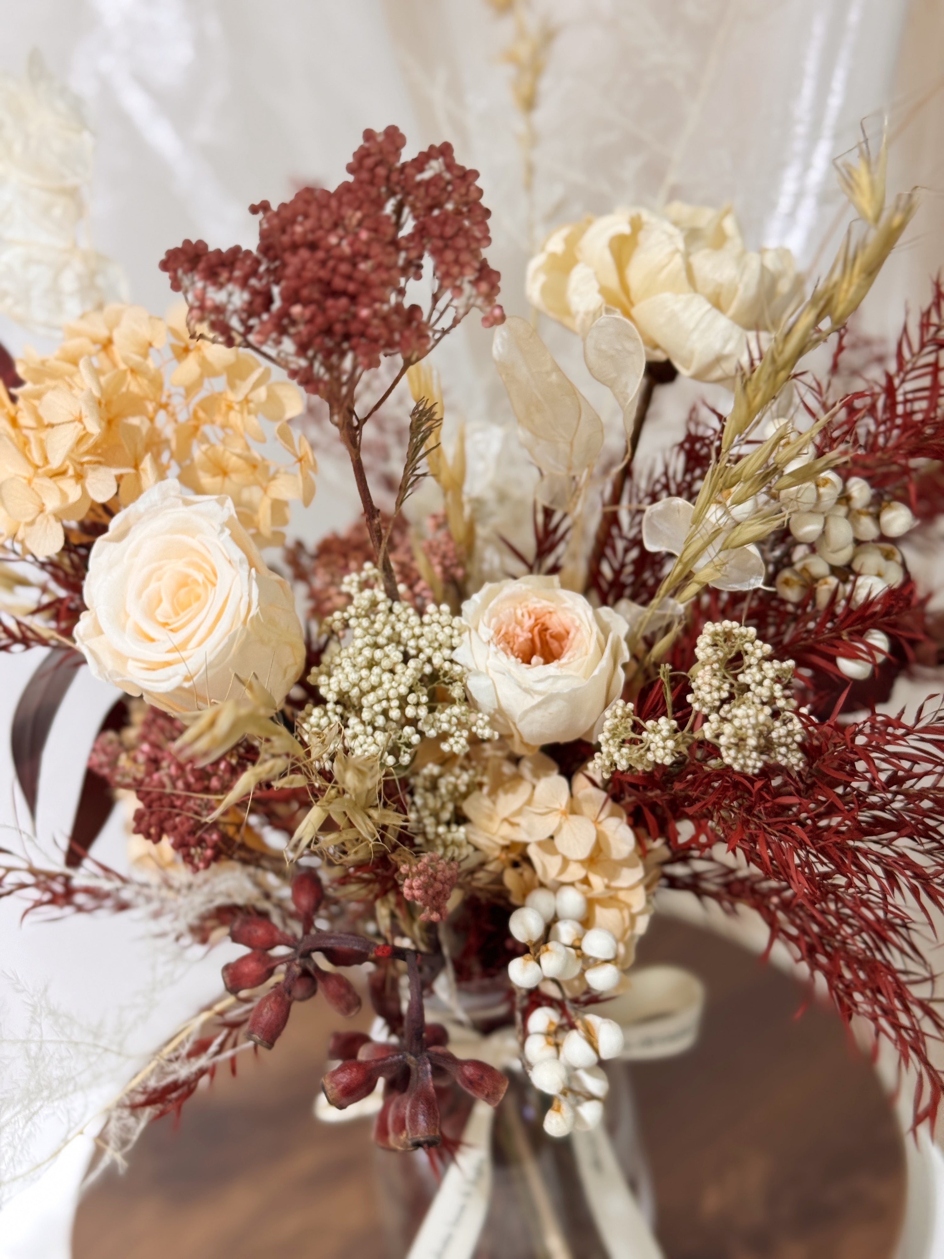 Customised, bespoke preserved and dried flower vase arrangement, rustic style, tailored to your preference, filled with your favourite flowers, crafted by Eden's Ground. 