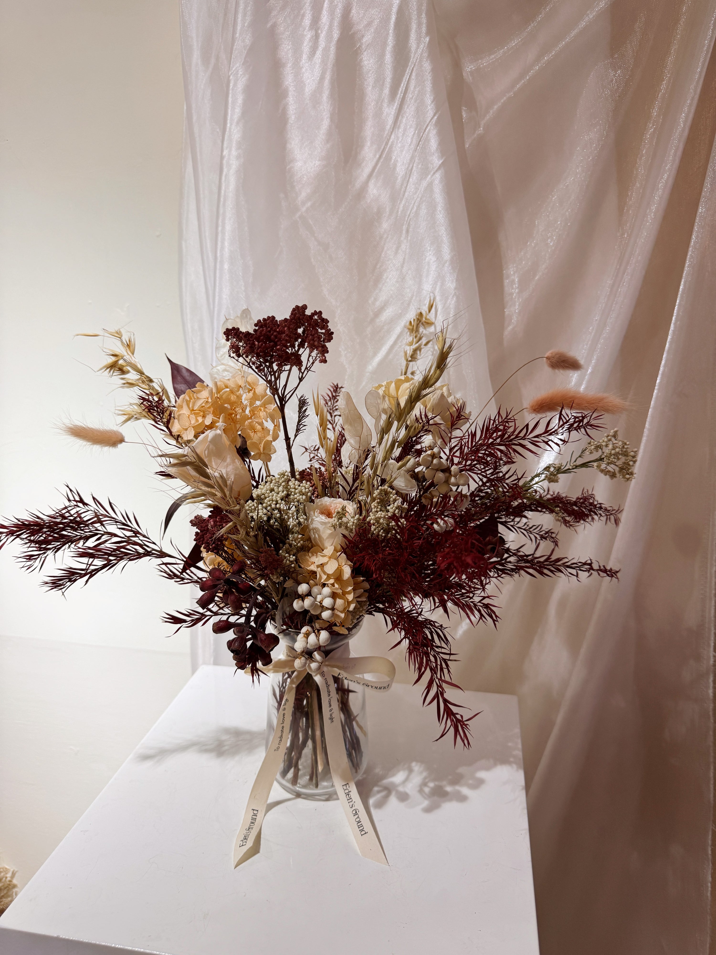 Customised, bespoke preserved and dried flower vase arrangement, rustic style, tailored to your preference, filled with your favourite flowers, crafted by Eden's Ground. 