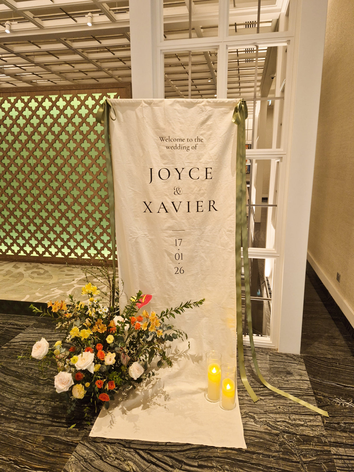 Elegant customisable fabric linen welcome sign with to welcome guests entering your wedding or birthday party venue in Singapore, rental by Eden's Ground.