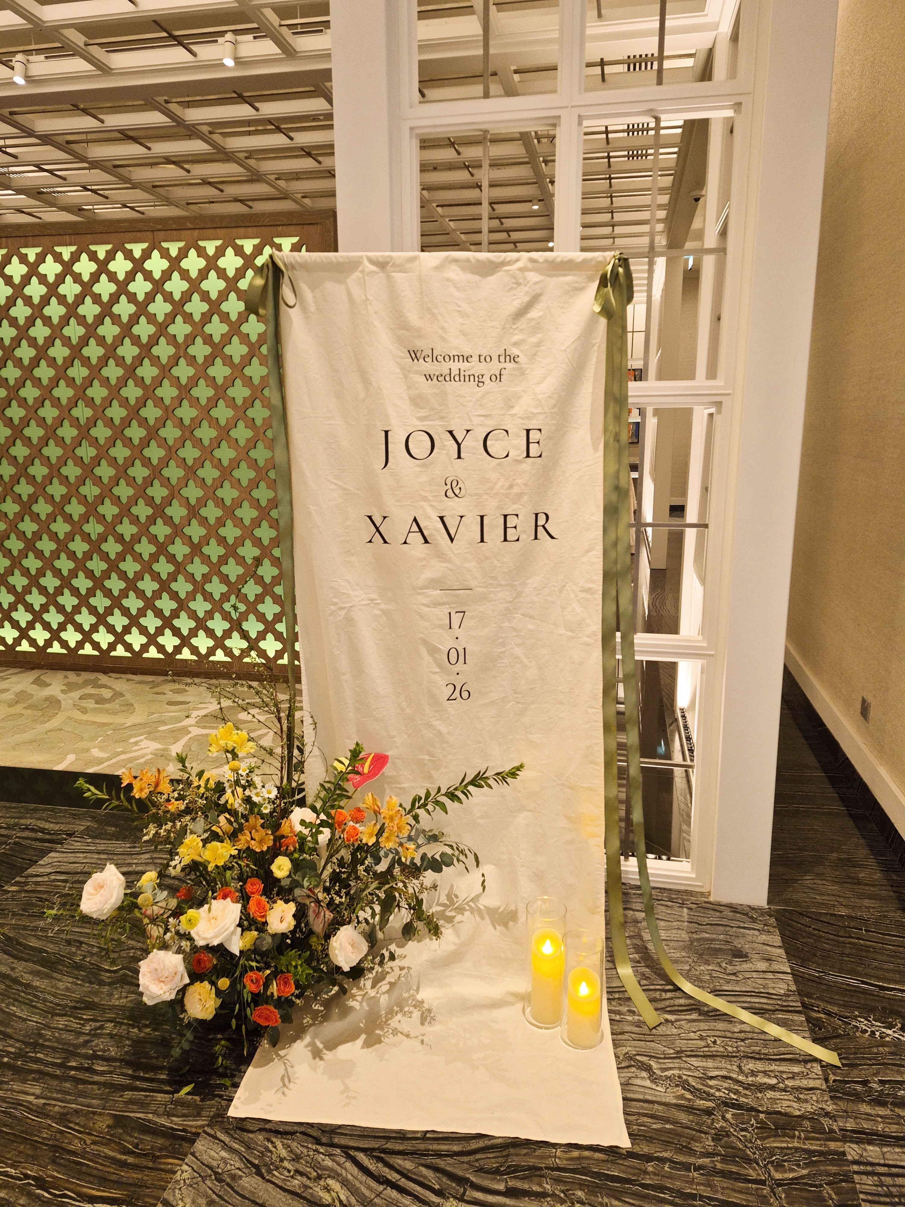 Elegant customisable fabric linen welcome sign with to welcome guests entering your wedding or birthday party venue in Singapore, rental by Eden's Ground.