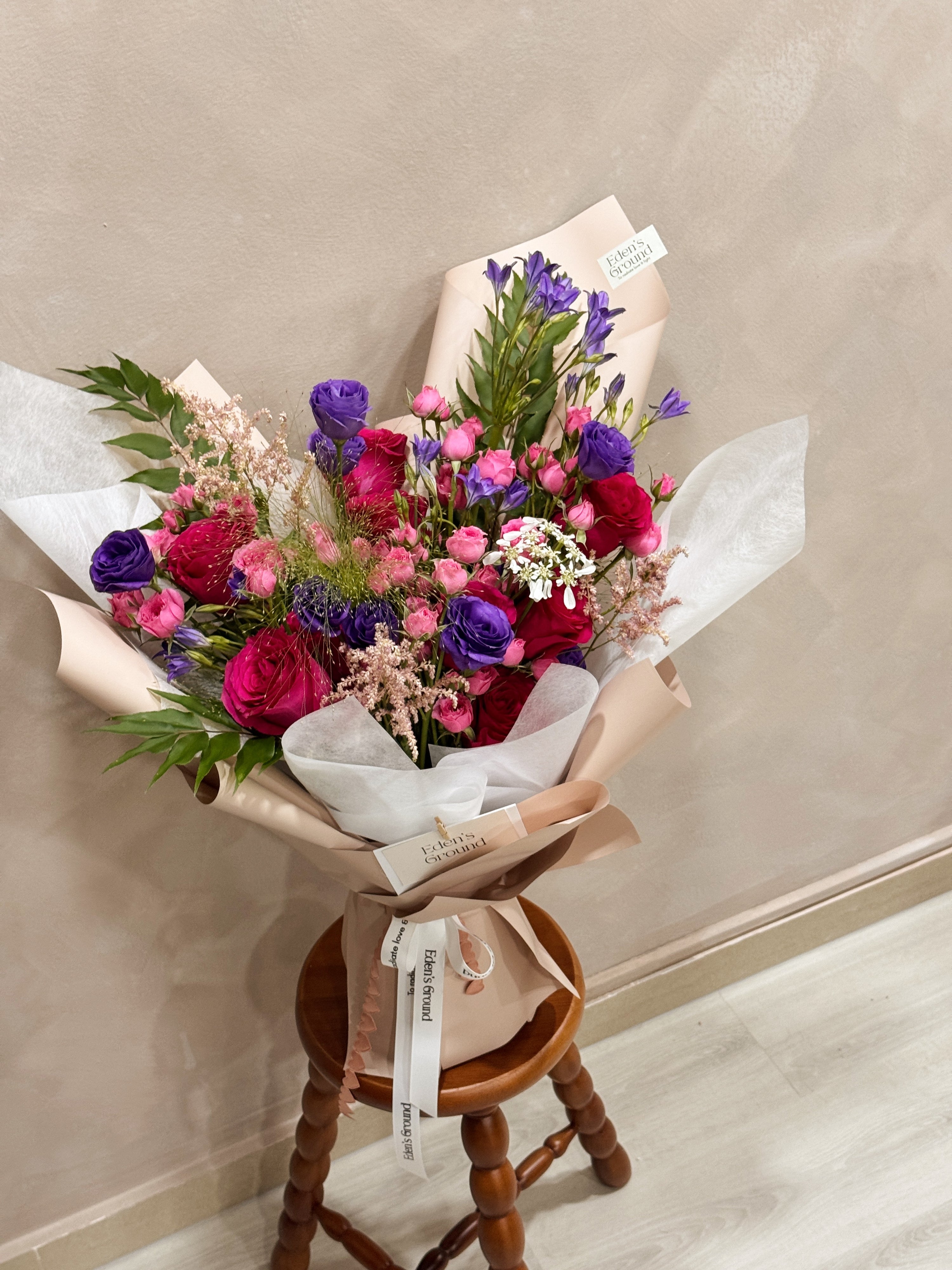 Customised, bespoke bouquet, tailored to your preference, filled with your favourite flowers, crafted by Eden's Ground. 