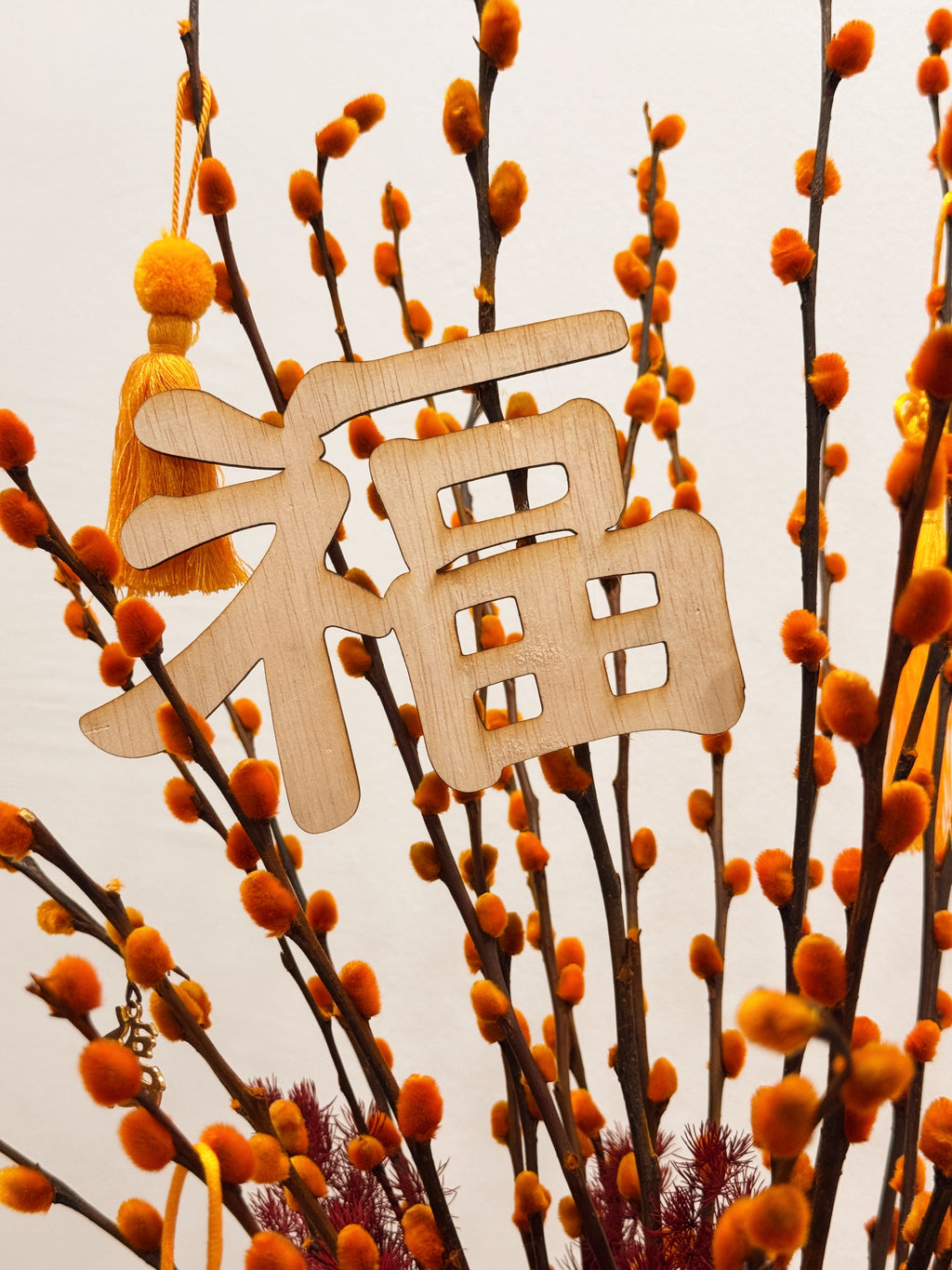 Chinese New Year 2026 Pussy Willow Flower Box, featuring orange and gold pussy willow cny flower, everlasting preserved hydrangeas, decorated with red tassles and 福 to usher in wealth, abundance, prosperity and all the good vibes for the lunar new year, crafted by Eden's Ground, a floral design studio in Singapore. Delivered straight to your doorstep.
