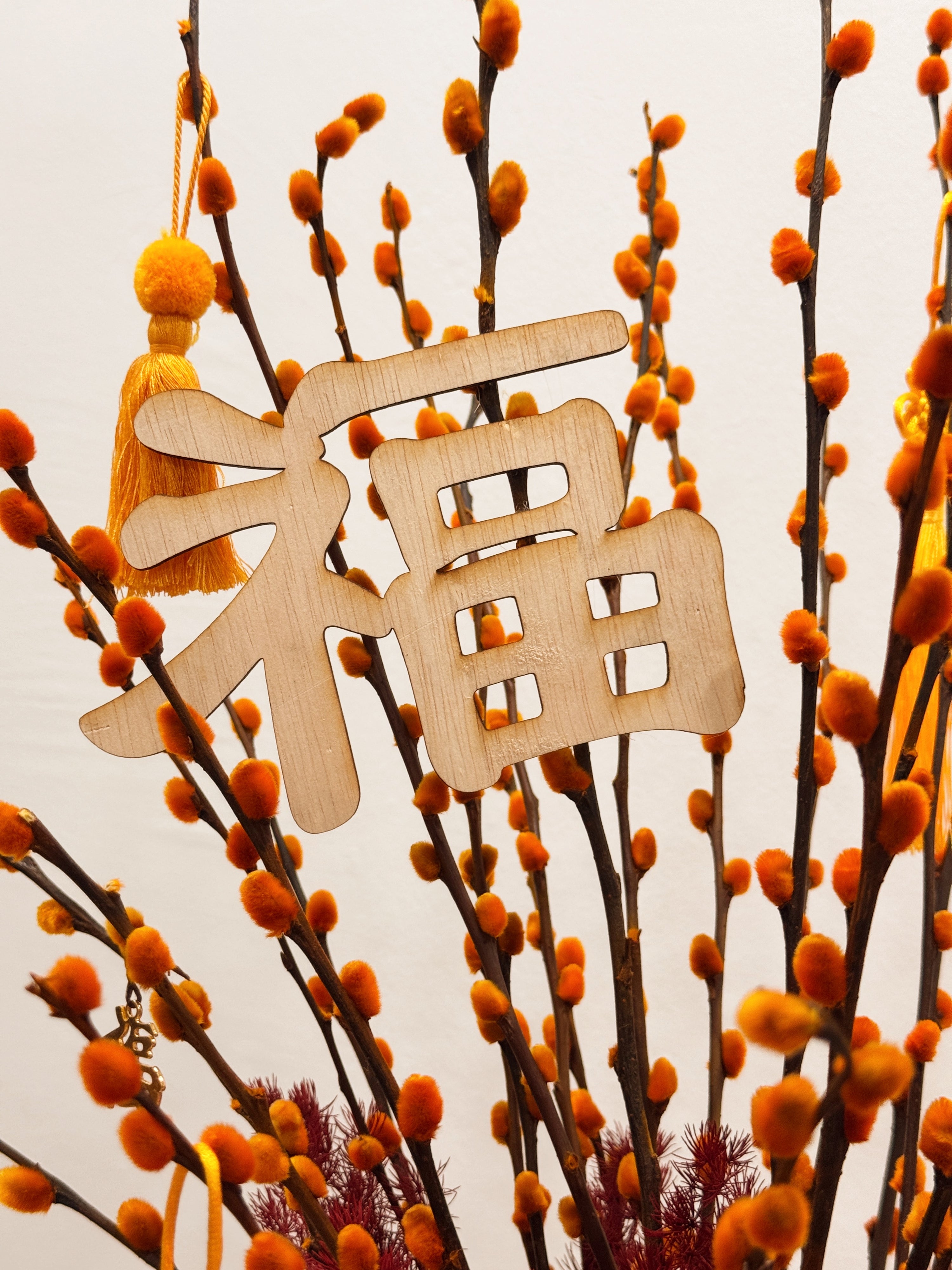 Chinese New Year 2026 Pussy Willow Flower Box, featuring orange and gold pussy willow cny flower, everlasting preserved hydrangeas, decorated with red tassles and 福 to usher in wealth, abundance, prosperity and all the good vibes for the lunar new year, crafted by Eden's Ground, a floral design studio in Singapore.