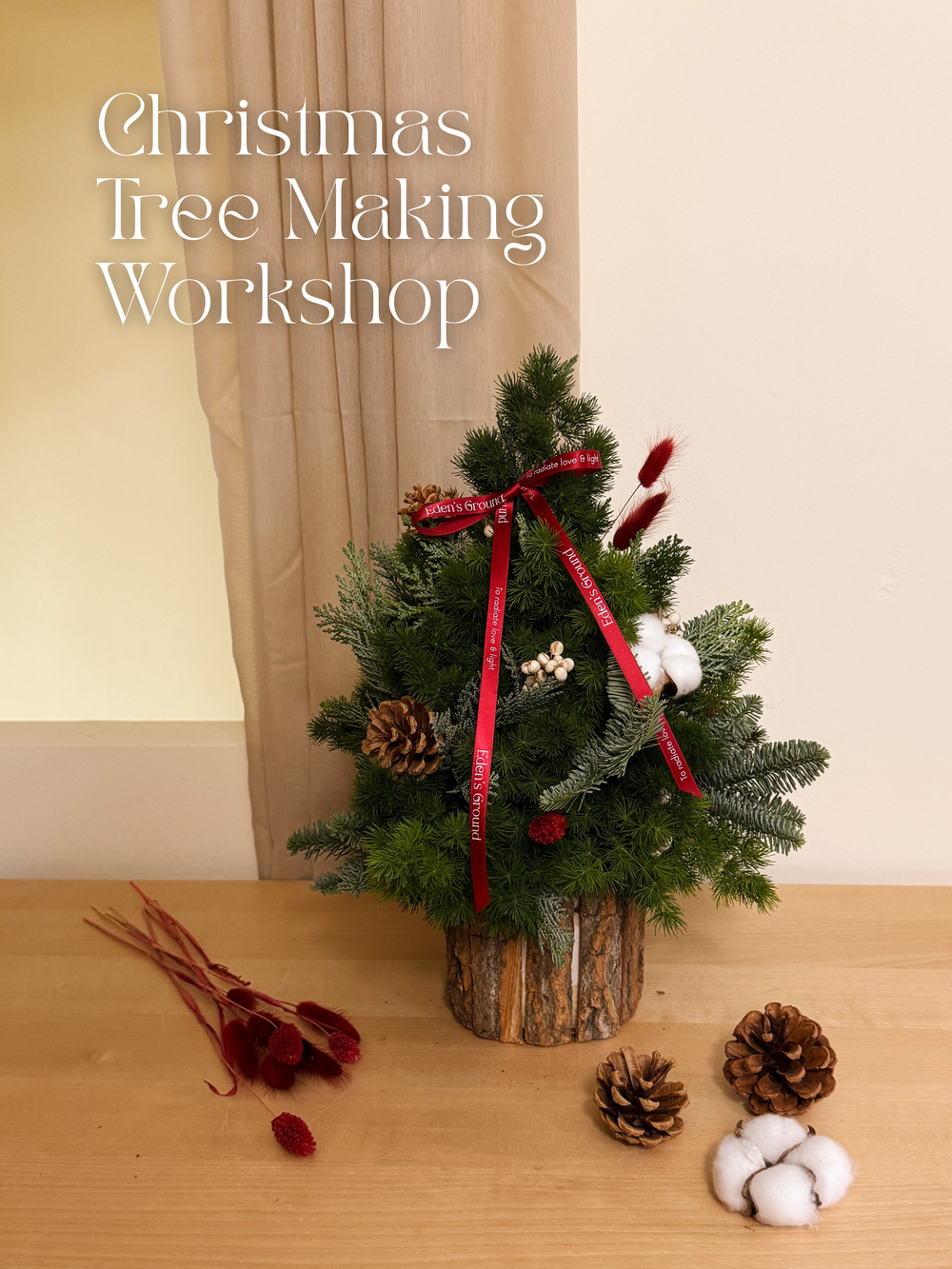 Mini Christmas Tree Making and Decorating Workshop in Singapore, by Eden's Ground, a floral design boutique. For team building/ team-bonding or a fun weekend activity things to do in Tai Seng, east side of Singapore. Creative Weekend Activity suitable for Couples, Family and Friends, to celebrate Christmas together.