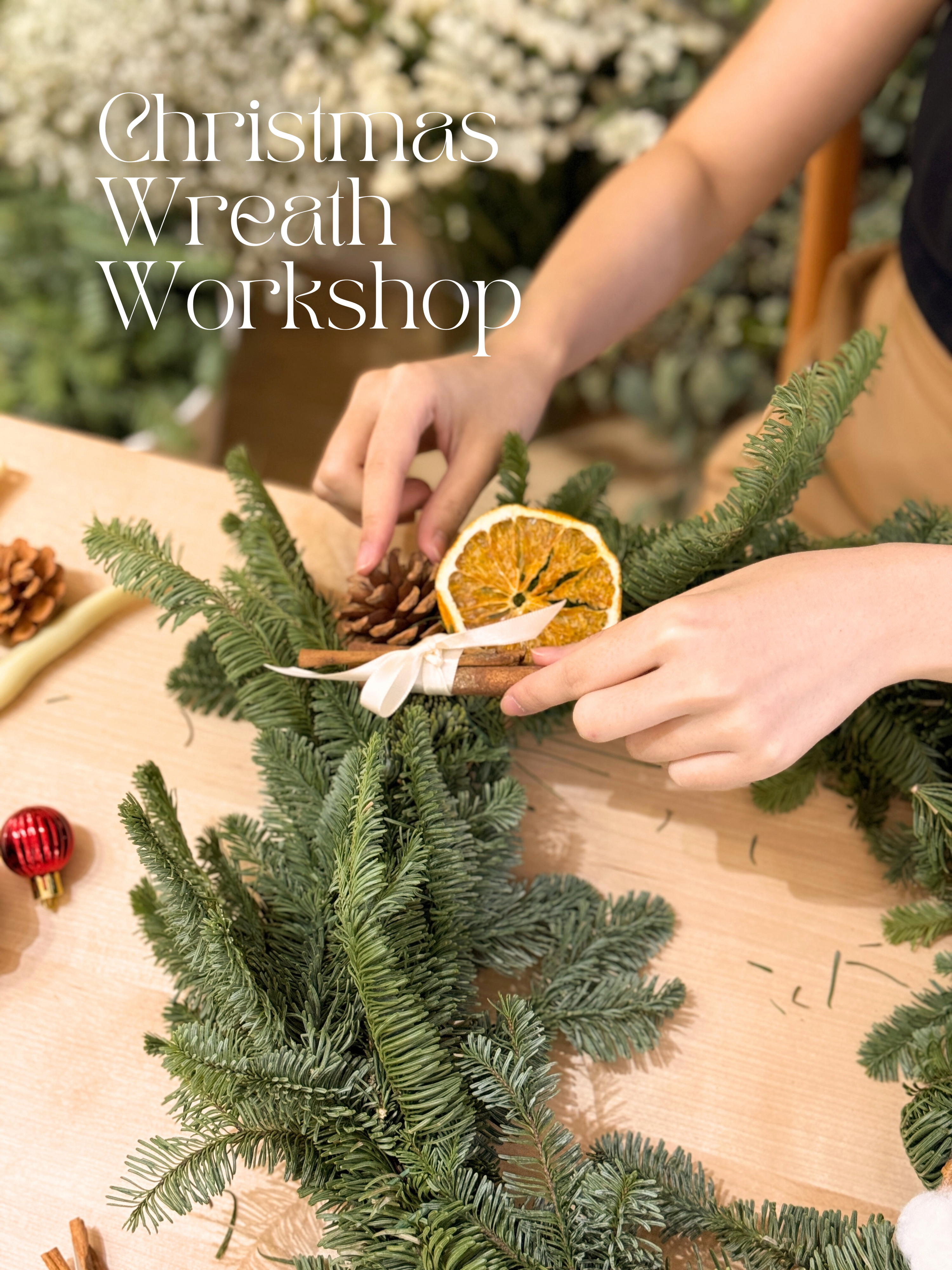 Christmas Wreath Workshop in Singapore. Create your own festive wreath using a variety of fresh firs, foliage and natural textures. Held at our cosy floral studio in Joo Chiat, it's the perfect hands-on holiday experience to get into the Christmas spirit.