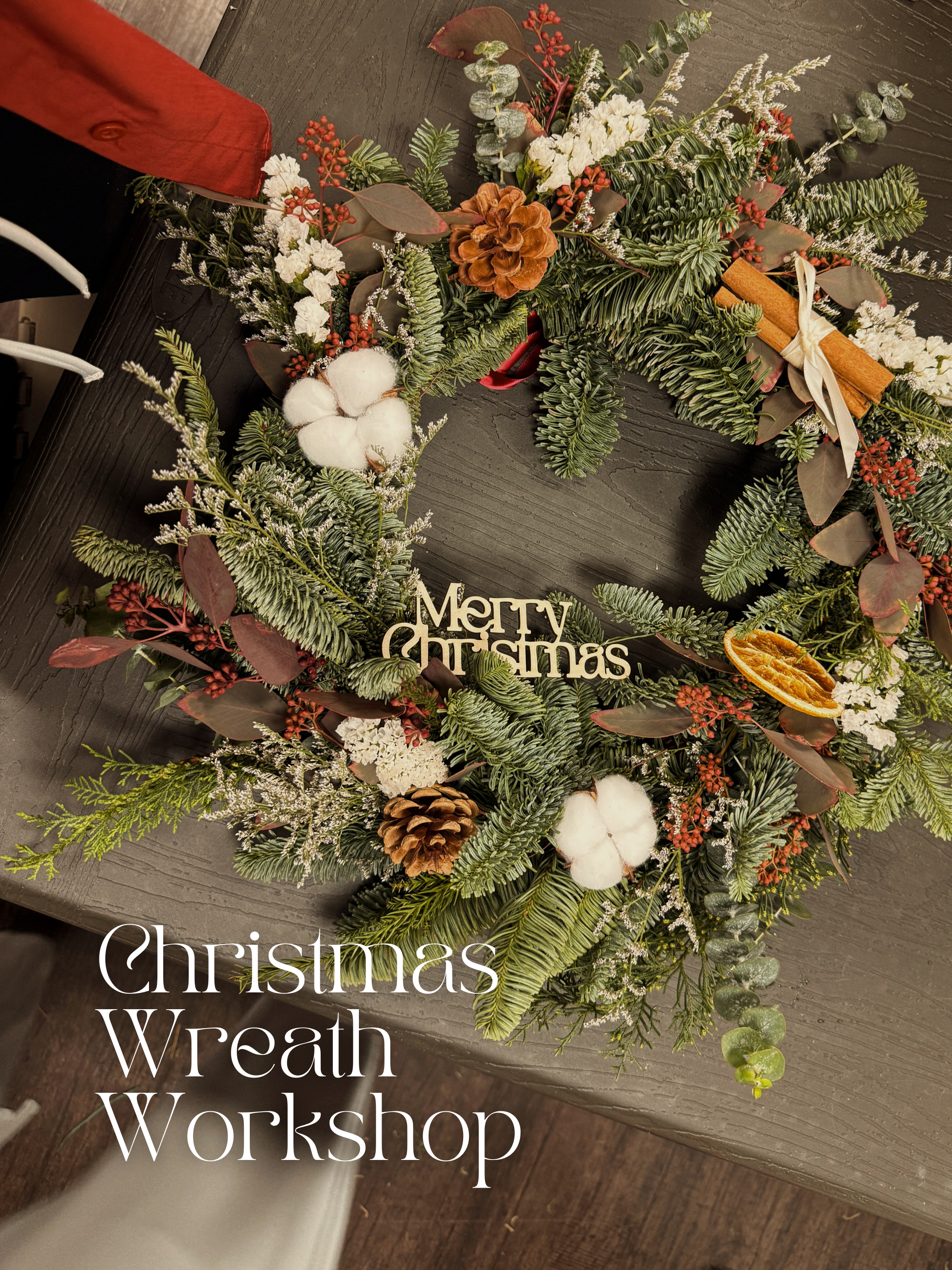 Christmas Wreath Workshop in Singapore. Create your own festive wreath using a variety of fresh firs, foliage and natural textures. Held at our cosy floral studio in Joo Chiat, it's the perfect hands-on holiday experience to get into the Christmas spirit.